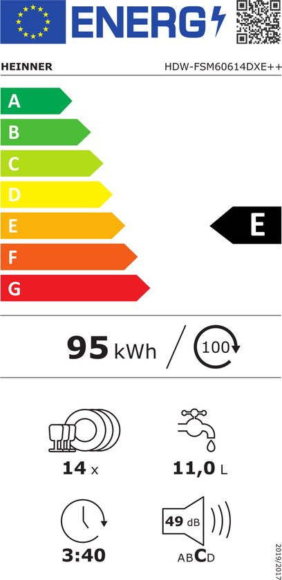 Heinner HDW-FSM60614DXE freistehender Geschirrspüler – 14 Maßgedecke – AquaStop – Energieklasse E – Edelstahl – Produktfoto