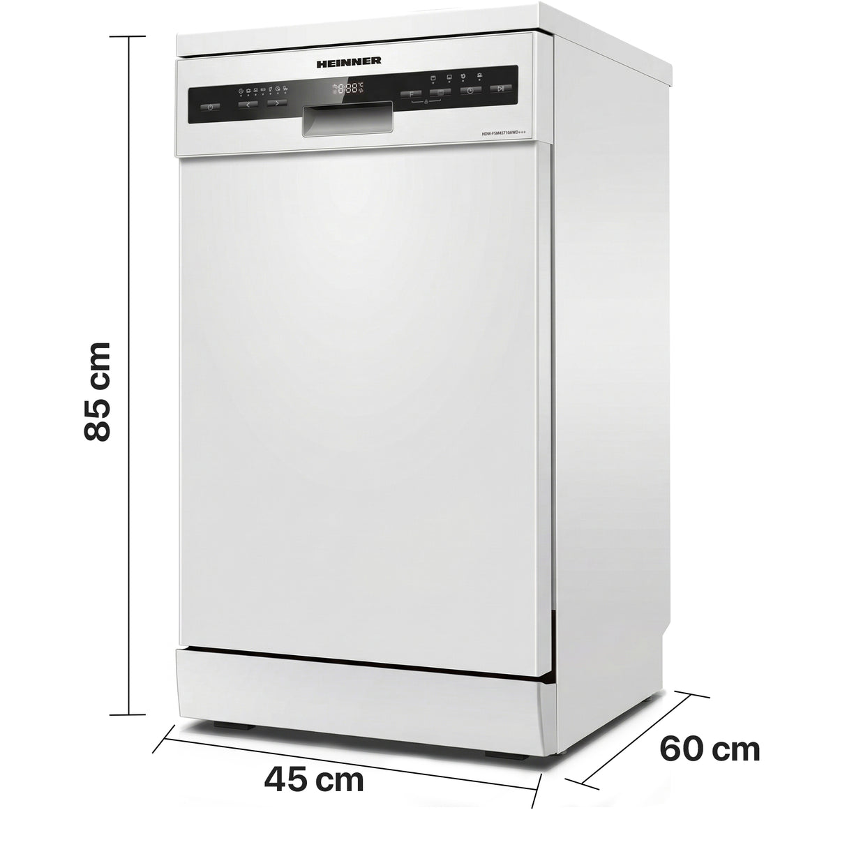 Freistehender Geschirrspüler Heinner HDW-FSM45710AWD – 10 Maßgedecke – AquaStop – Energieeffizienzklasse D – Maßzeichnung