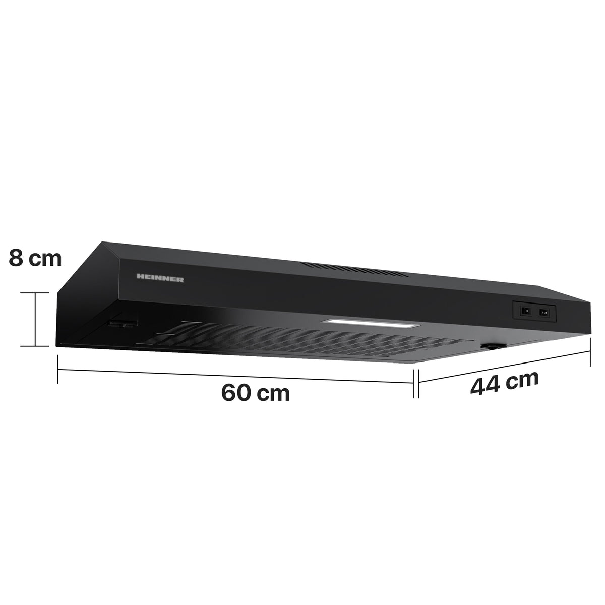 Heinner CH-MD190BK Unterbau-Dunstabzugshaube – 60 cm – 2 Geschwindigkeiten – Schwarz – Maßzeichnung