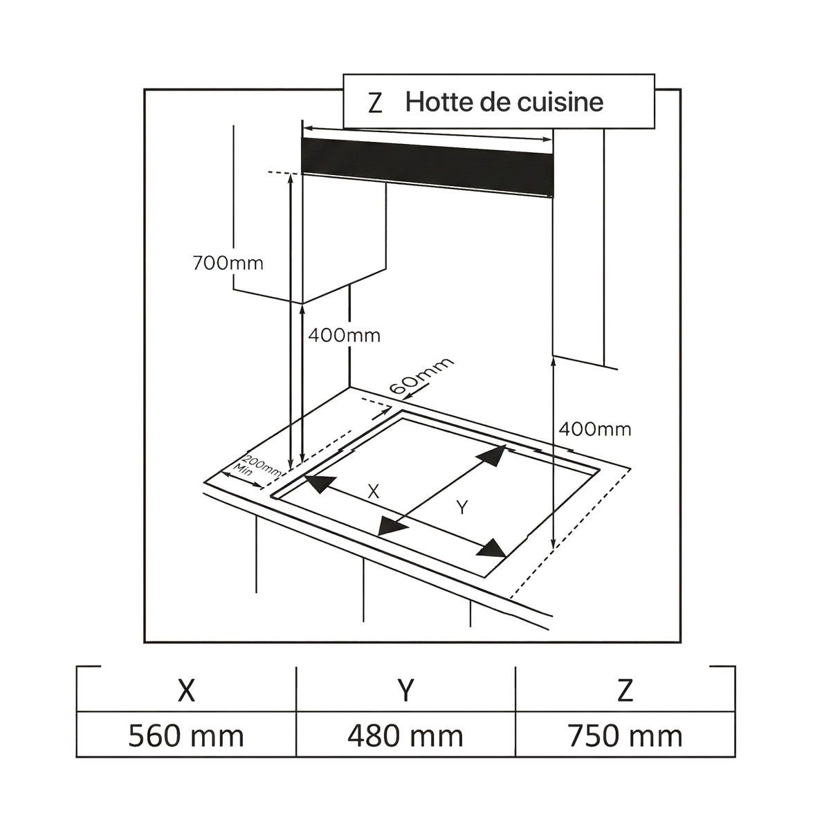 Heinner HBH-M705IWFIX Gaskochfeld – 60 cm – 4 Brenner – Wokbrenner – Gusseisenroste – Maßzeichnung