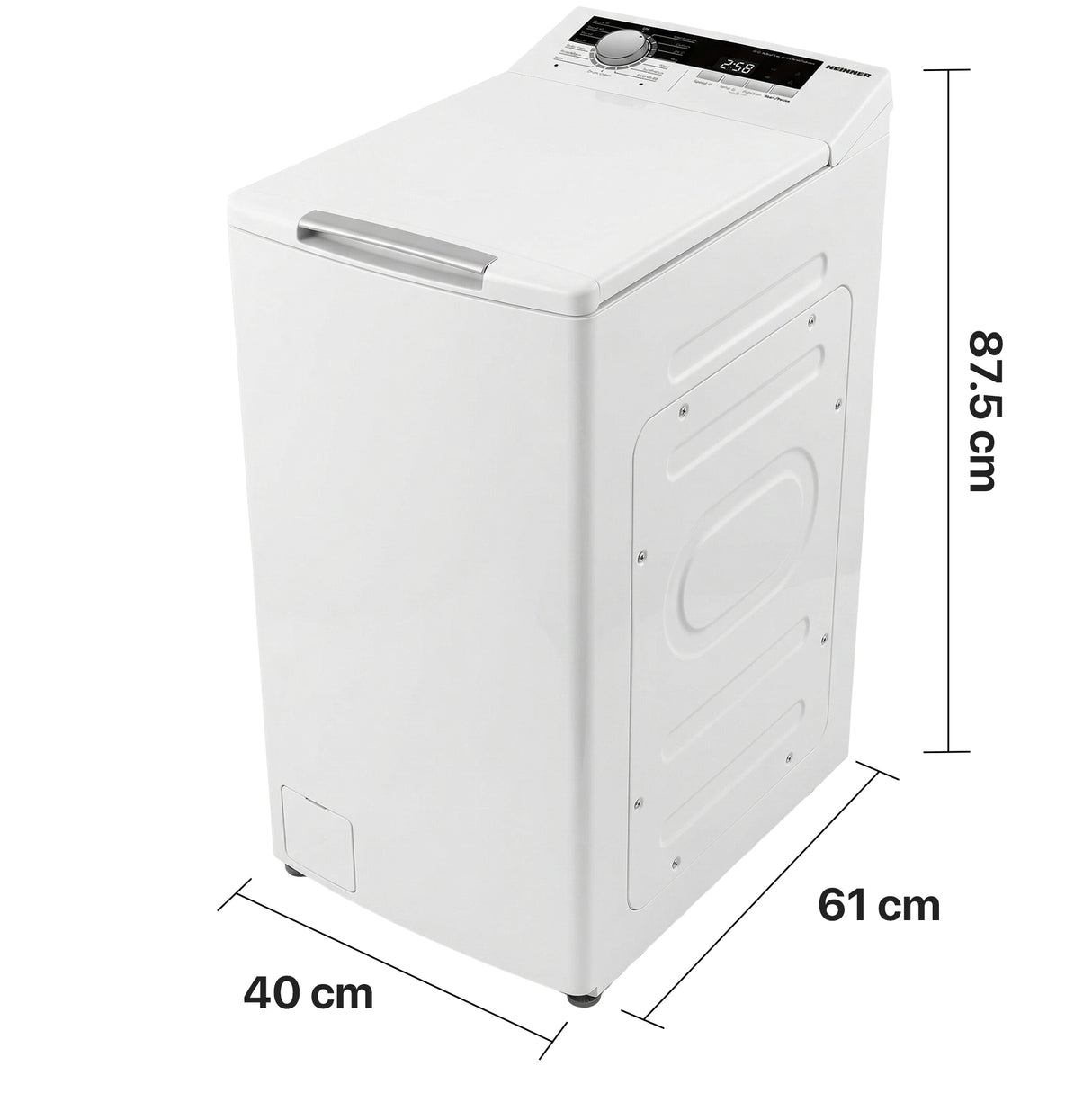 Heinner Waschmaschine HWM-TL8013IVA – Toplader – 8 kg – 1300 U/min – Energieeffizienzklasse A – Maßzeichnung