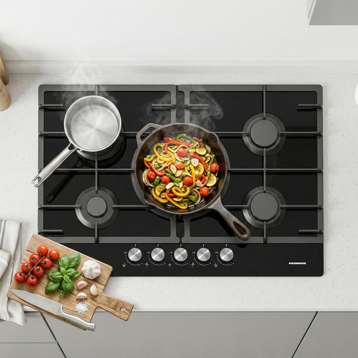 Heinner HBH-M705IWFGBK Gaskochfeld – 5 Brenner – Wokbrenner – Gusseisenroste – Bild 7