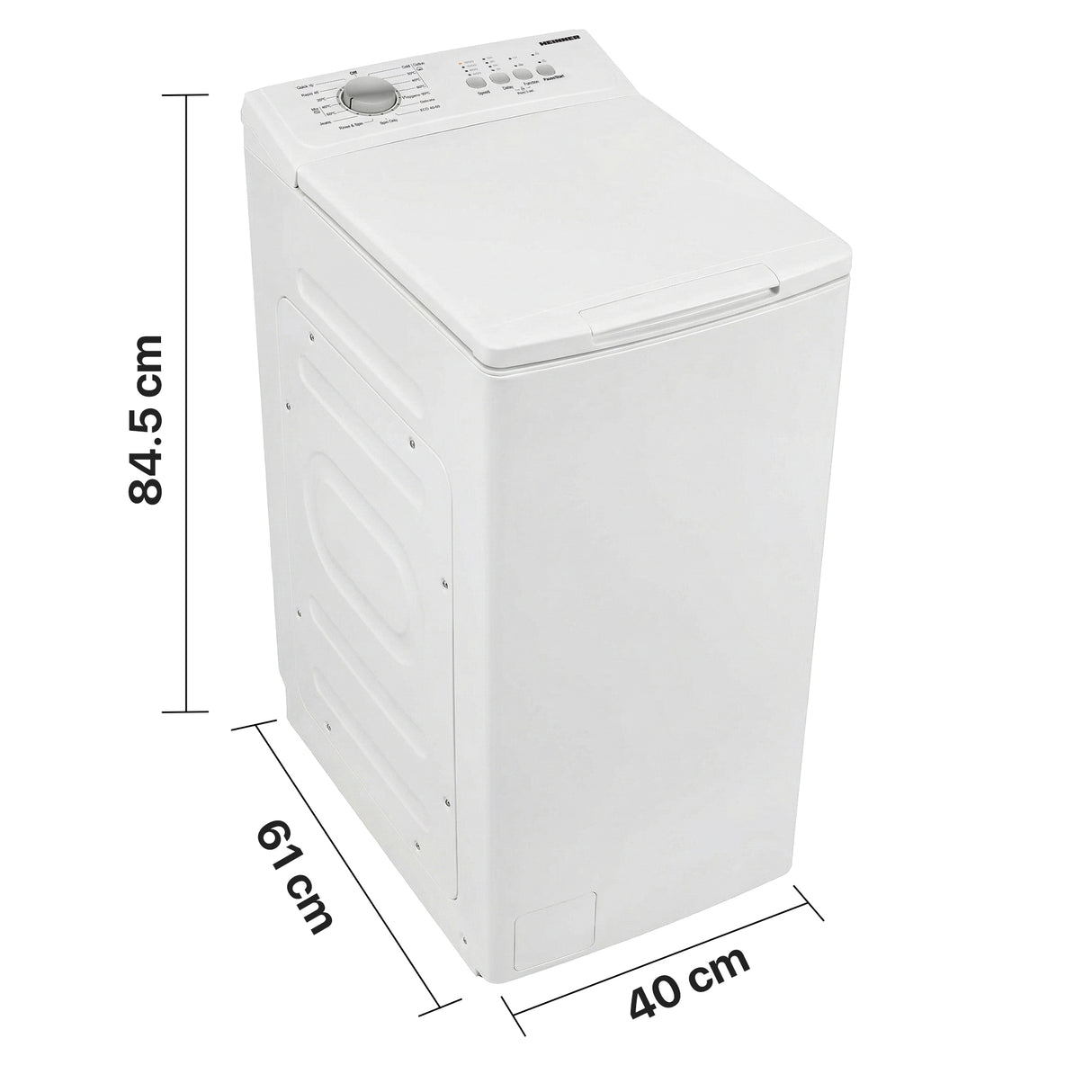 Waschmaschine Heinner HWM-TL7012C – Toplader – 7 kg – 1200 U/Min – Energieeffizienzklasse C – Maßzeichnung