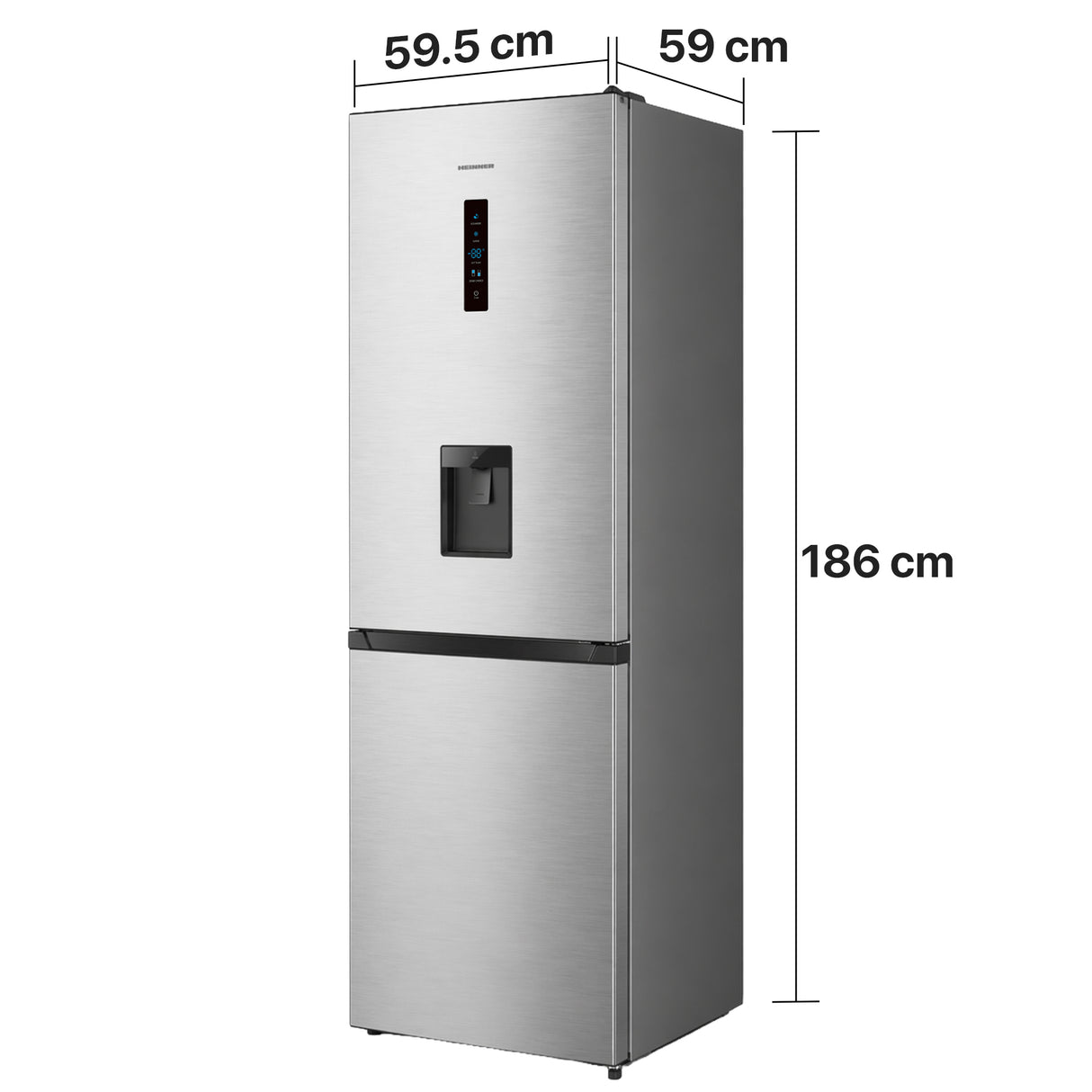 Heinner HCNF-HS304XWDE Kühl-Gefrierkombination – 304 L – Full No Frost – Wasserspender – Maßzeichnung