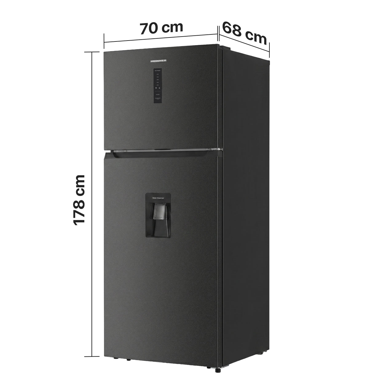 Heinner Kühl-Gefrierkombination HF-HM413NFDXWDE – 413 Liter – No Frost – Energieeffizienzklasse E – Maßzeichnung
