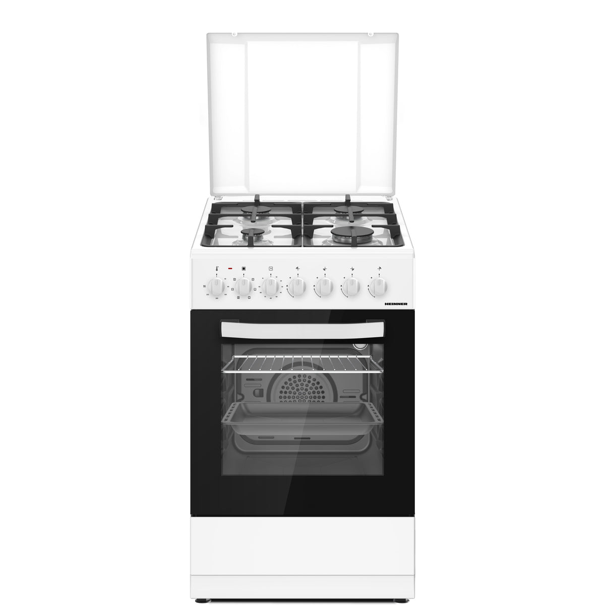 Heinner Gasherd HFSC-S65MIXF-WH – 4 Brenner – Backofen mit 6 Funktionen – Grill – weiß – Produktfoto