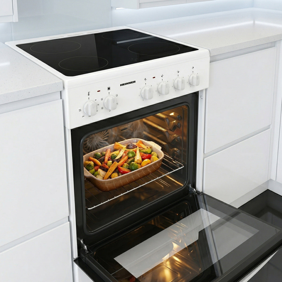 Heinner HFSC-S56E4VWH Keramikkochfeldherd – 50 cm – 4 Kochzonen – Elektrobackofen mit Grill und Umluft – Bild 7