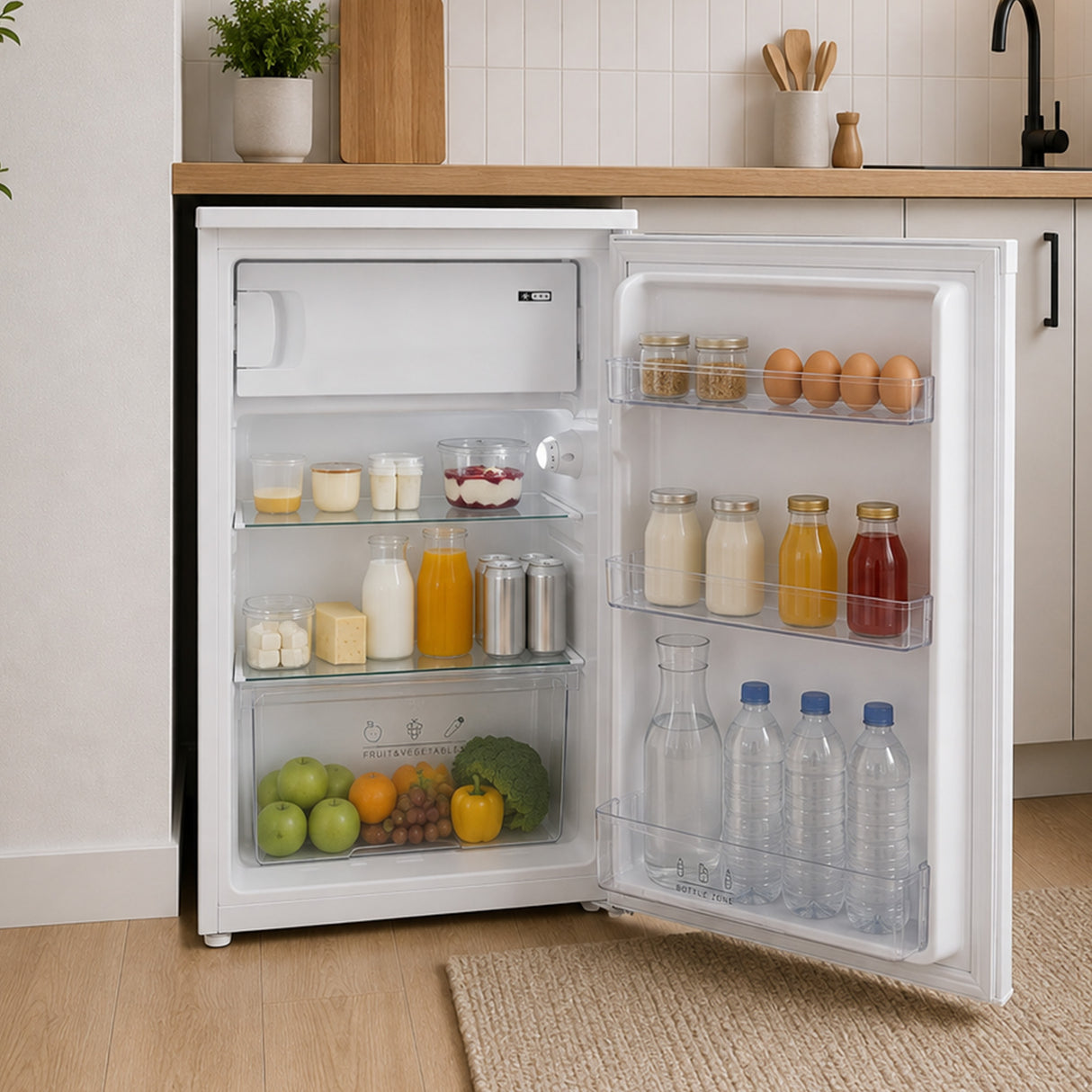 Heinner HF-M113E Tischkühlschrank – 113 L – LED-Beleuchtung – umkehrbare Tür – weiß – Energieeffizienzklasse E – Bild 6
