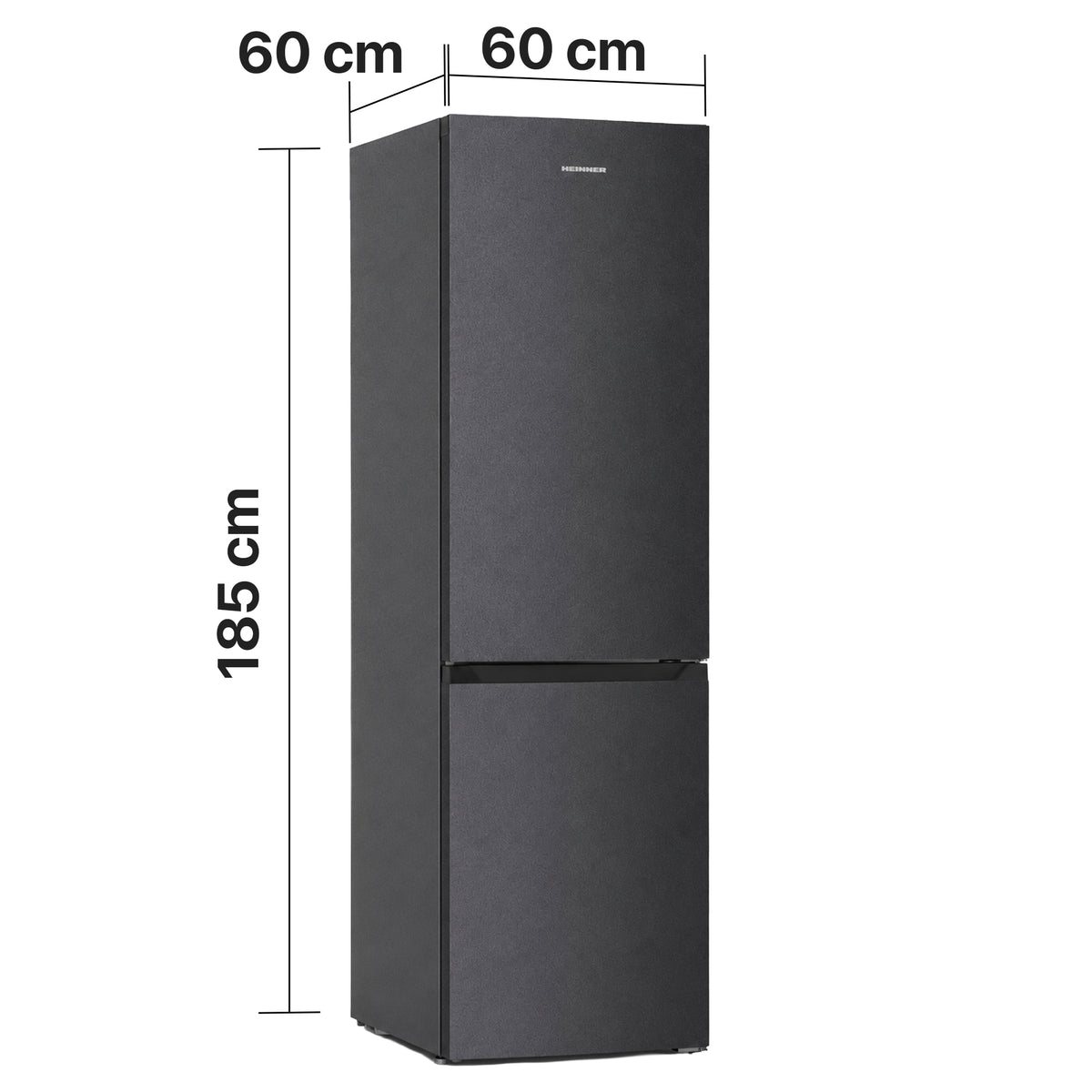 Heinner HCNF-HM293INVDGD Kühl-Gefrierkombination – 293 Liter – No Frost – Inverter – Energieeffizienzklasse D – Maßzeichnung