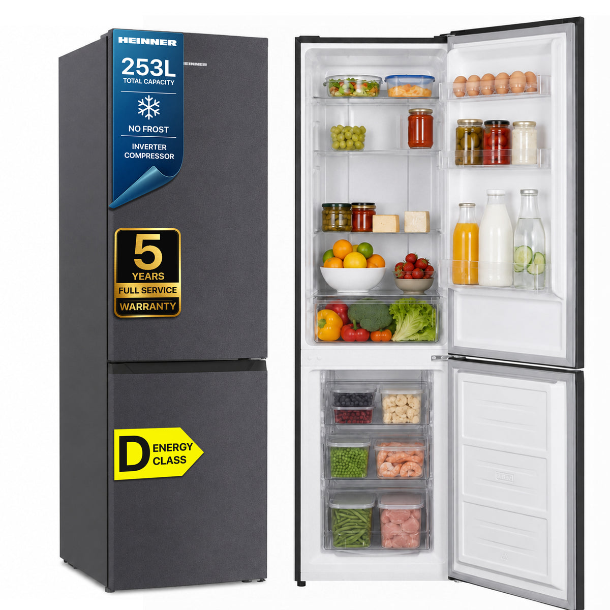 Heinner HCNF-HM253INVDGD Kühl-Gefrierkombination – 253 l – Total No Frost – Inverter-Kompressor – Produktfoto
