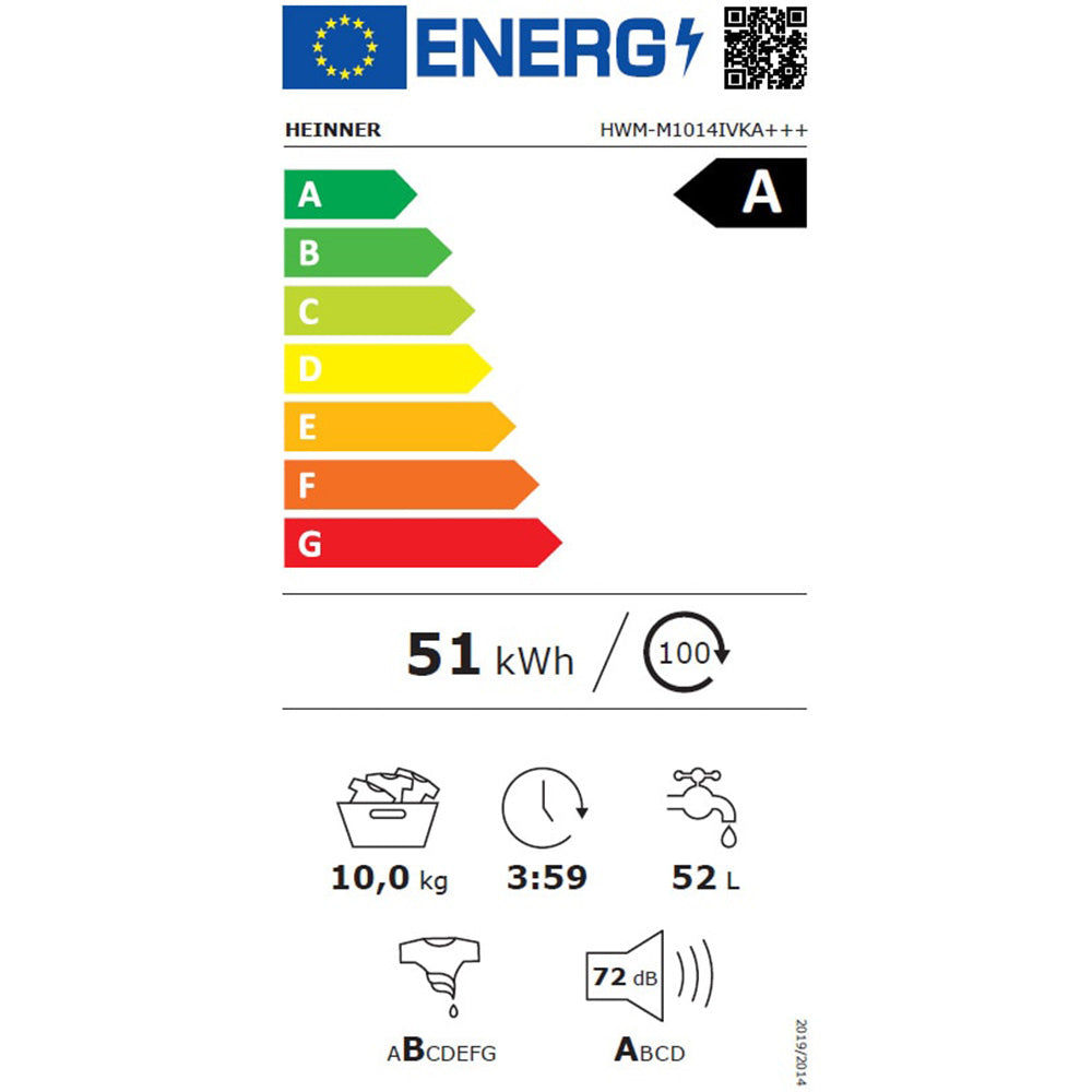 Waschmaschine Heinner HWM-M1014IVKA – 10 kg – 1400 U/min – Energieeffizienzklasse A – Energielabel