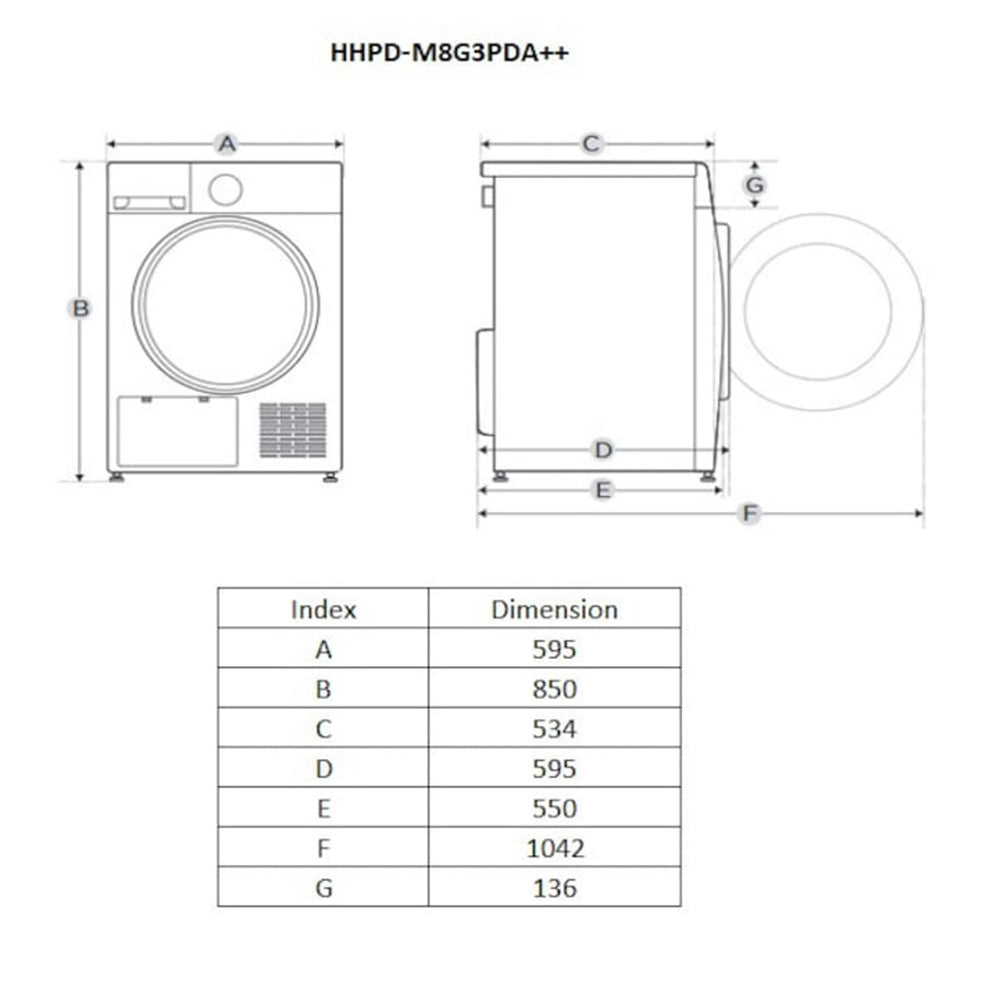 Heinner Wärmepumpentrockner HHPD-M8G3PDA++ – 8 kg – Knitterschutzfunktion – Maßzeichnung