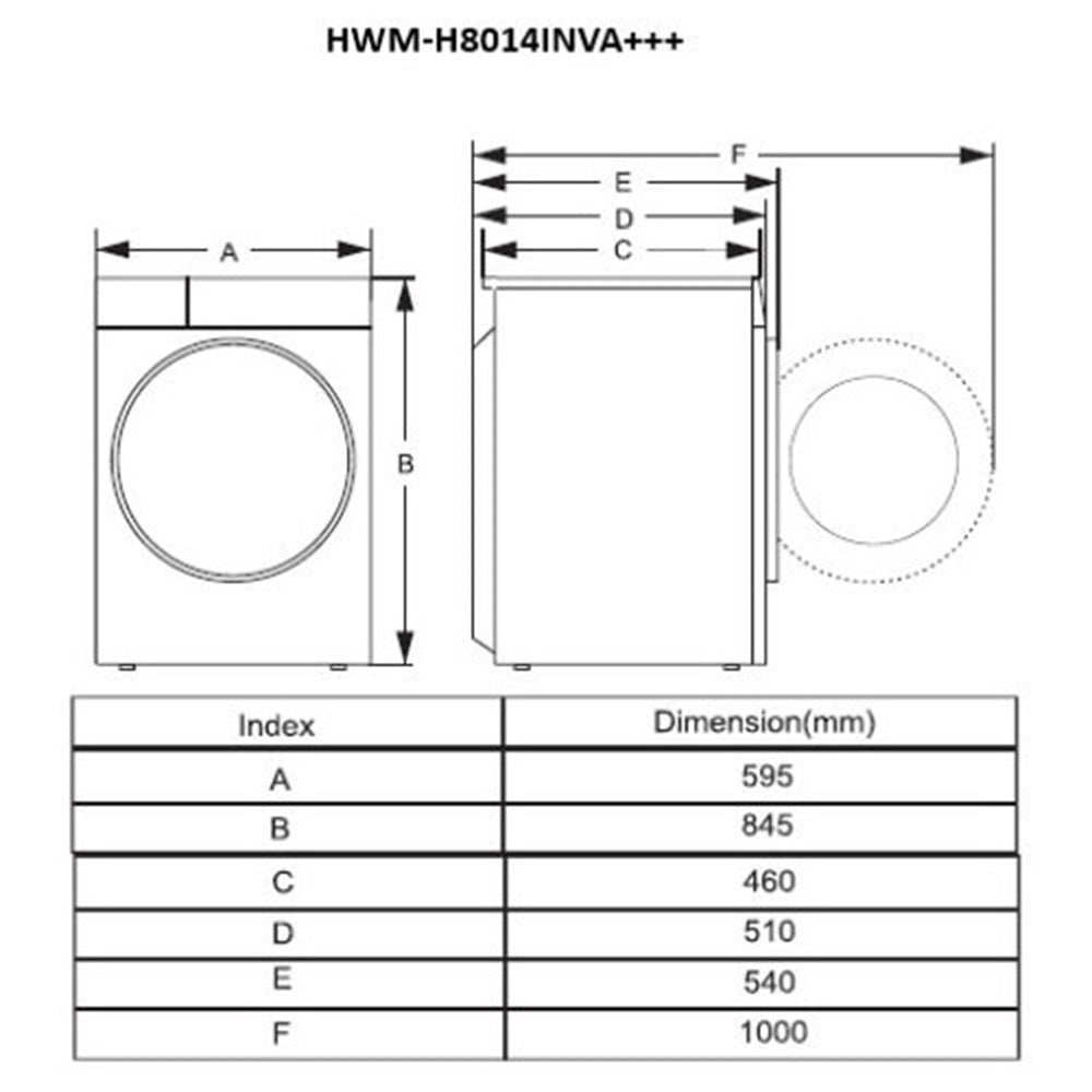 Heinner Waschmaschine HWM-H8014INVA 8 kg – 1400 U/min – Energieeffizienzklasse A – Maßzeichnung