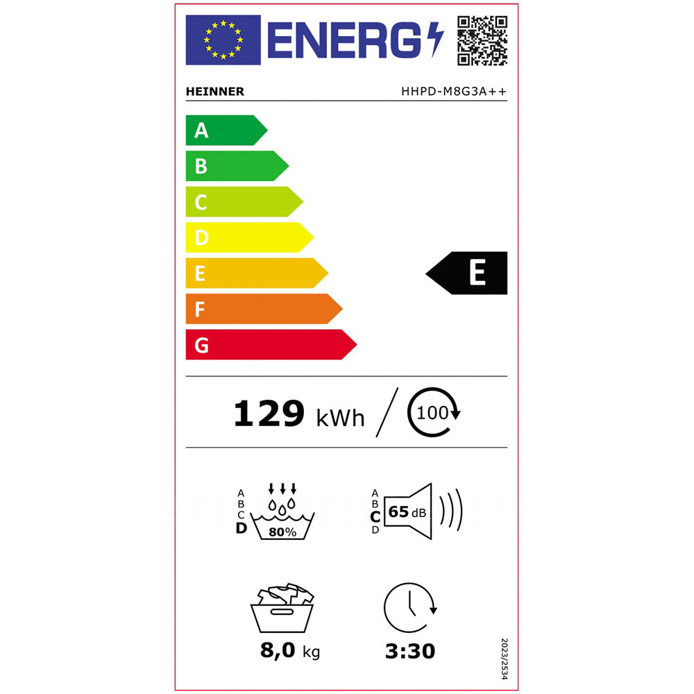 Heinner Wärmepumpentrockner HHPD-M8G3A++ – 8 kg – Energieeffizienzklasse E – Energielabel