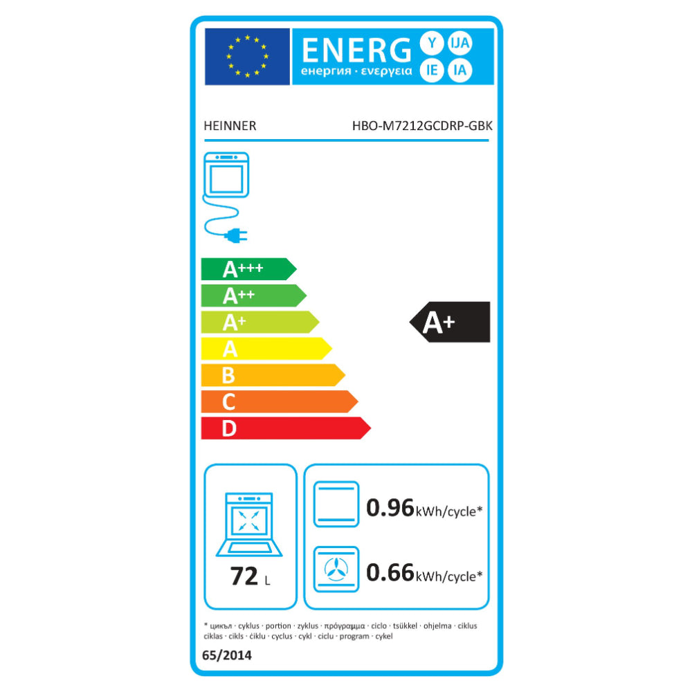 Heinner Einbau-Backofen HBO-M7212GCDRP-GBK – 72 Liter – 60 cm – Schwarzglas – Energielabel