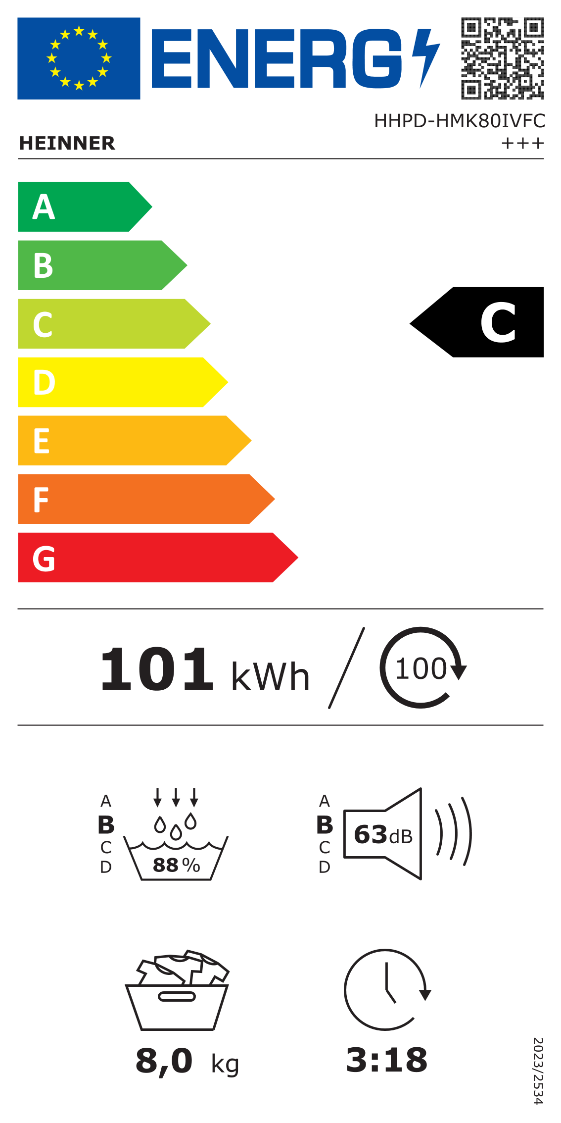 Heinner HHPD-HMK80IVFC Wärmepumpentrockner – 8 kg – Energieeffizienzklasse C – weiß – Energielabel