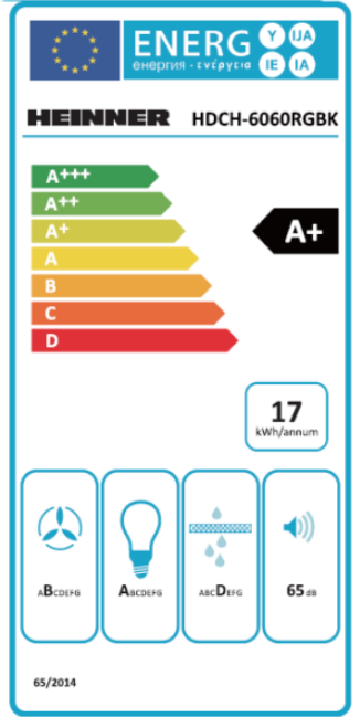Heinner Dunstabzugshaube HDCH-6060RGBK – 60 cm – 3 Leistungsstufen – Touch-Bedienung – Schwarz – Energielabel