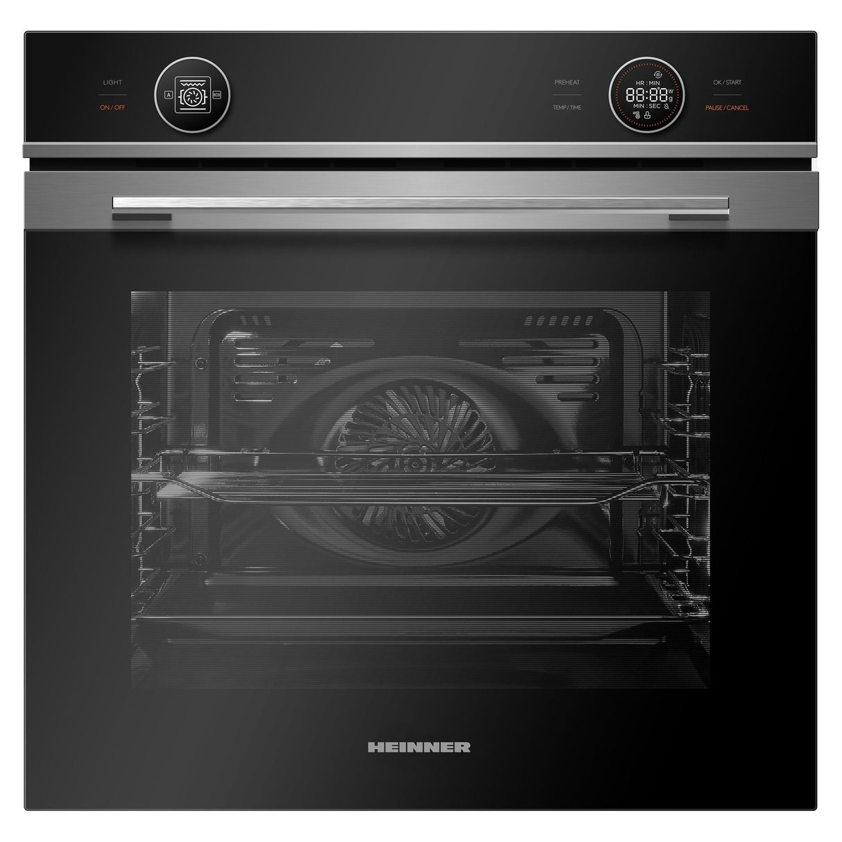 Heinner Einbauofen HBO-M7210GCDRC-GIX – 72L – Grill und Konventionell – Edelstahl mit Glas – Produktfoto