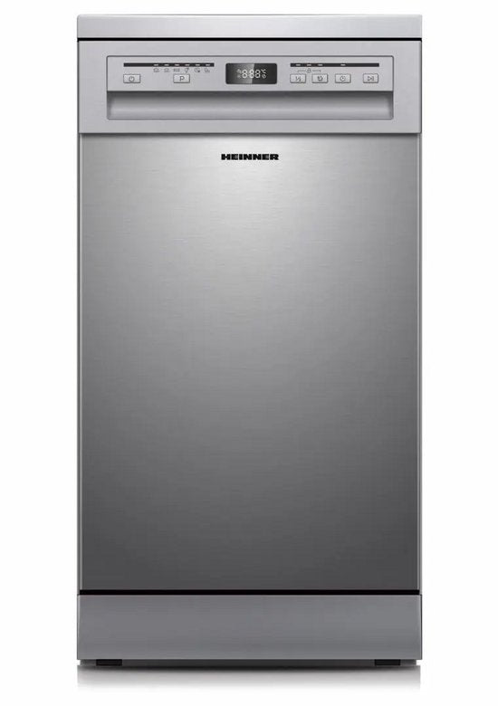 Heinner HDW-FSM45609DXE freistehender Geschirrspüler – 9 Maßgedecke – AquaStop – Energieklasse E – Edelstahl – Produktfoto