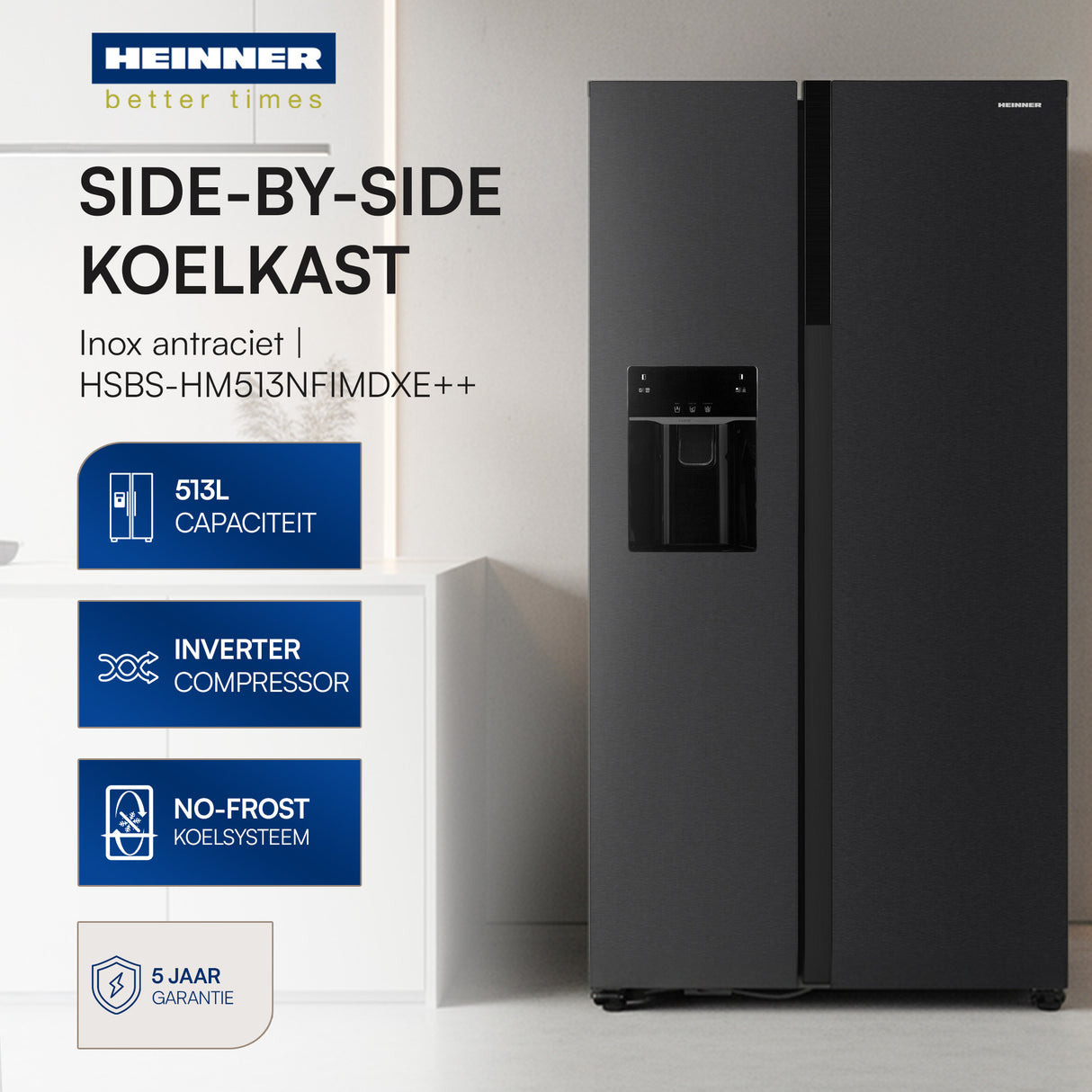 Heinner Amerikanischer Kühlschrank HSBS-HM513NFIMDXE – 513L – Wasserspender – Energieeffizienzklasse E – Bild 3