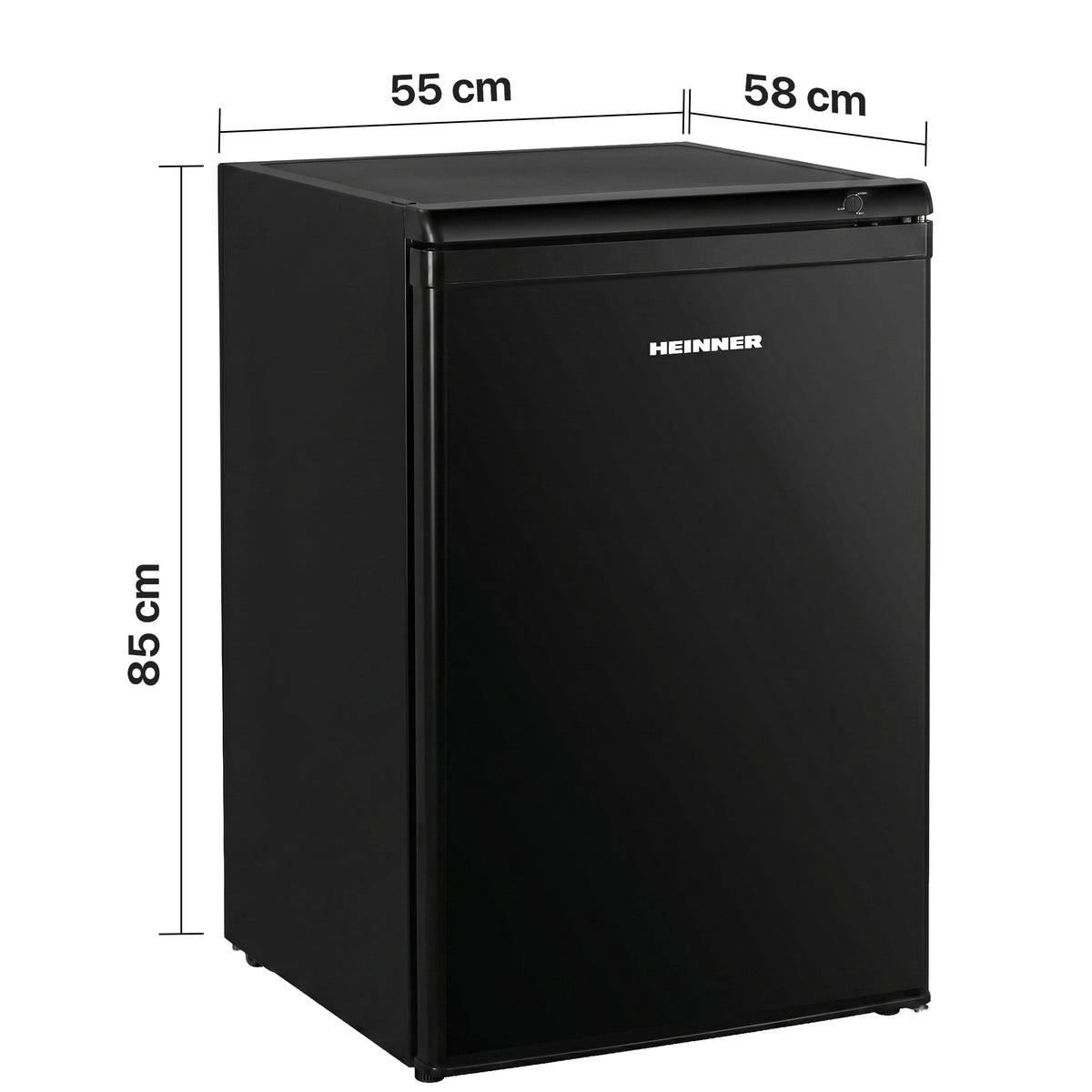 Heinner Gefrierschrank HFF-HM91BKE – Tischmodell – 91 Liter – schwarz – Energieeffizienzklasse E – Maßzeichnung