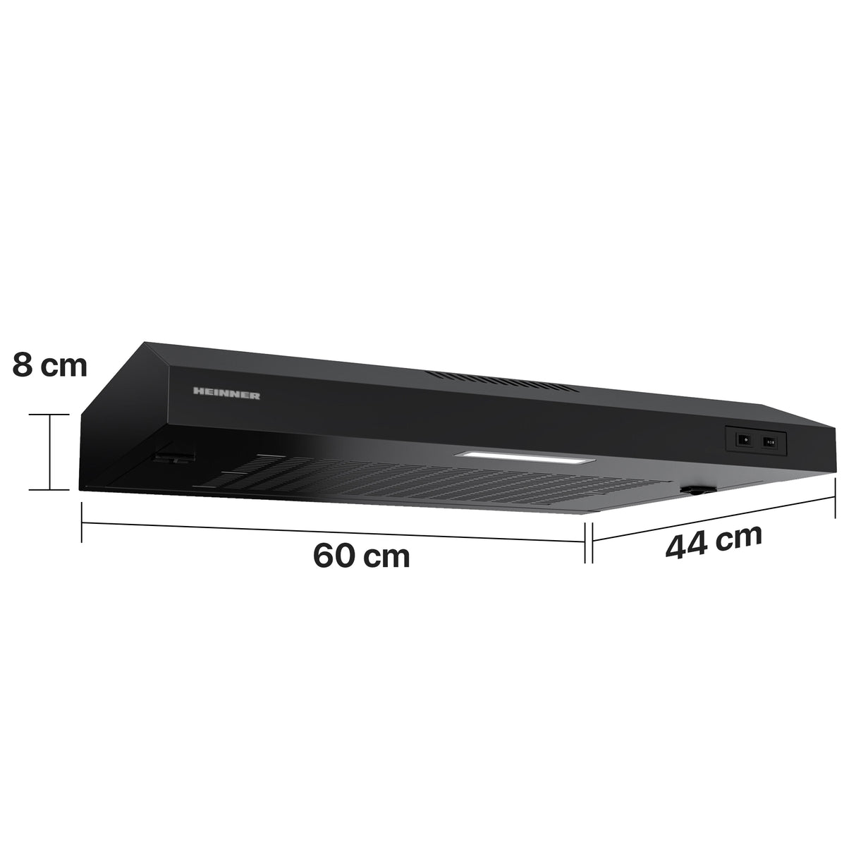 Heinner CH-MD190BK Unterbau-Dunstabzugshaube – 60 cm – 2 Geschwindigkeiten – Schwarz – Maßzeichnung