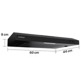 Heinner CH-MD190BK Unterbau-Dunstabzugshaube – 60 cm – 2 Geschwindigkeiten – Schwarz – Maßzeichnung