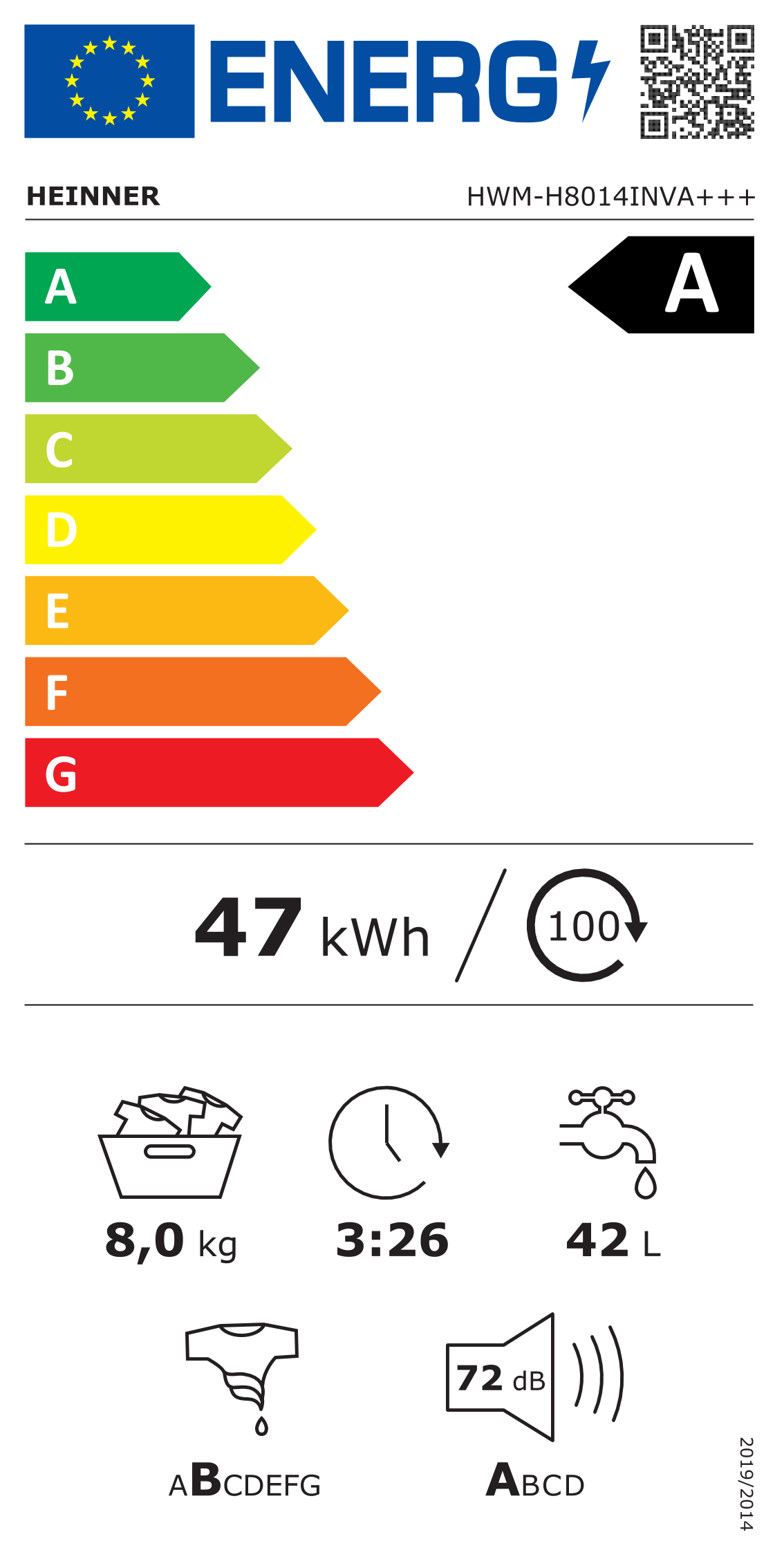 Heinner Waschmaschine HWM-H8014INVA 8 kg – 1400 U/min – Energieeffizienzklasse A – Bild 2