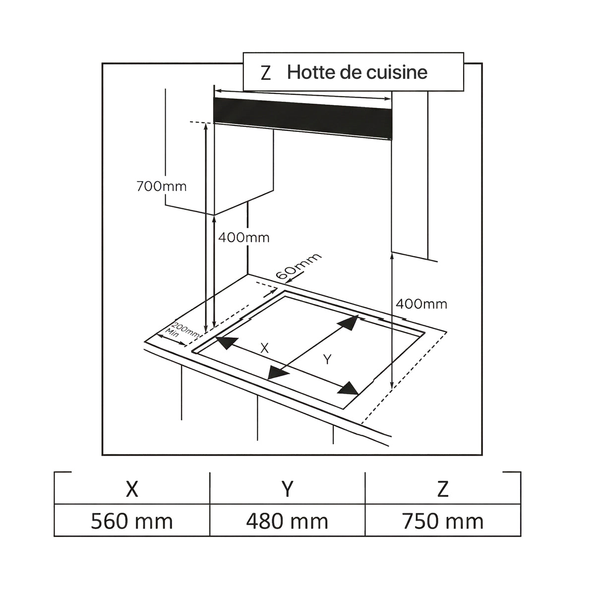 Heinner HBH-M705IWFIX Gaskochfeld – 60 cm – 4 Brenner – Wokbrenner – Gusseisenroste – Maßzeichnung