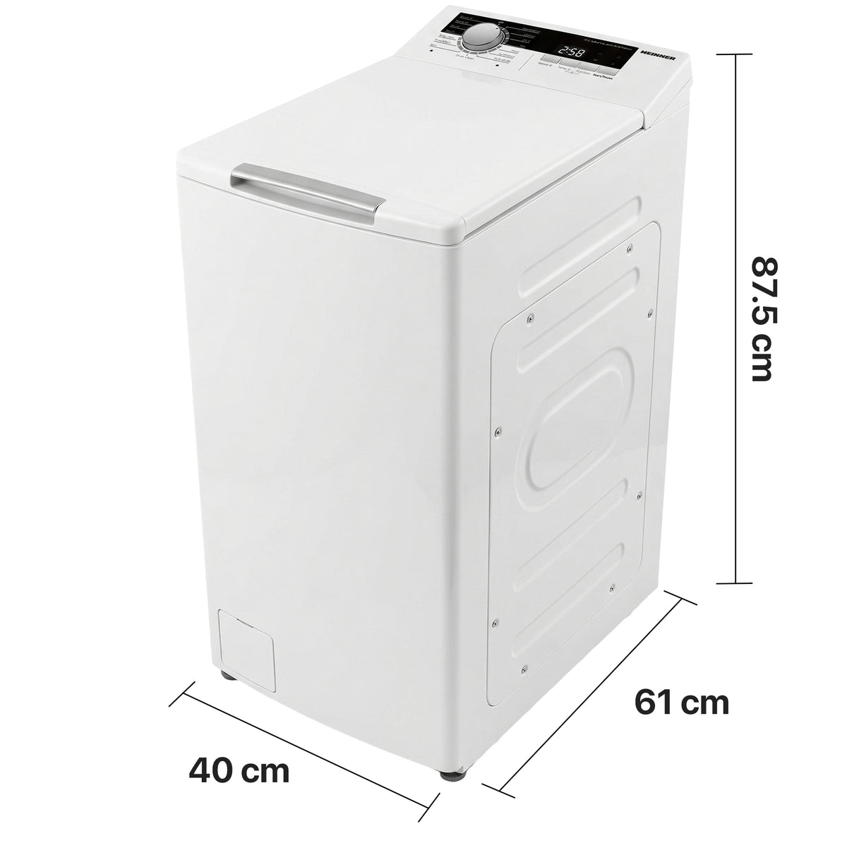 Heinner Waschmaschine HWM-TL8013IVA – Toplader – 8 kg – 1300 U/min – Energieeffizienzklasse A – Maßzeichnung