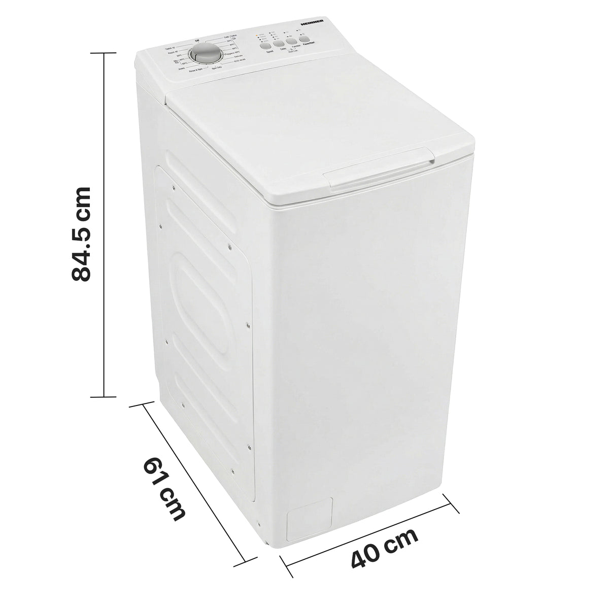 Waschmaschine Heinner HWM-TL7012C – Toplader – 7 kg – 1200 U/Min – Energieeffizienzklasse C – Maßzeichnung