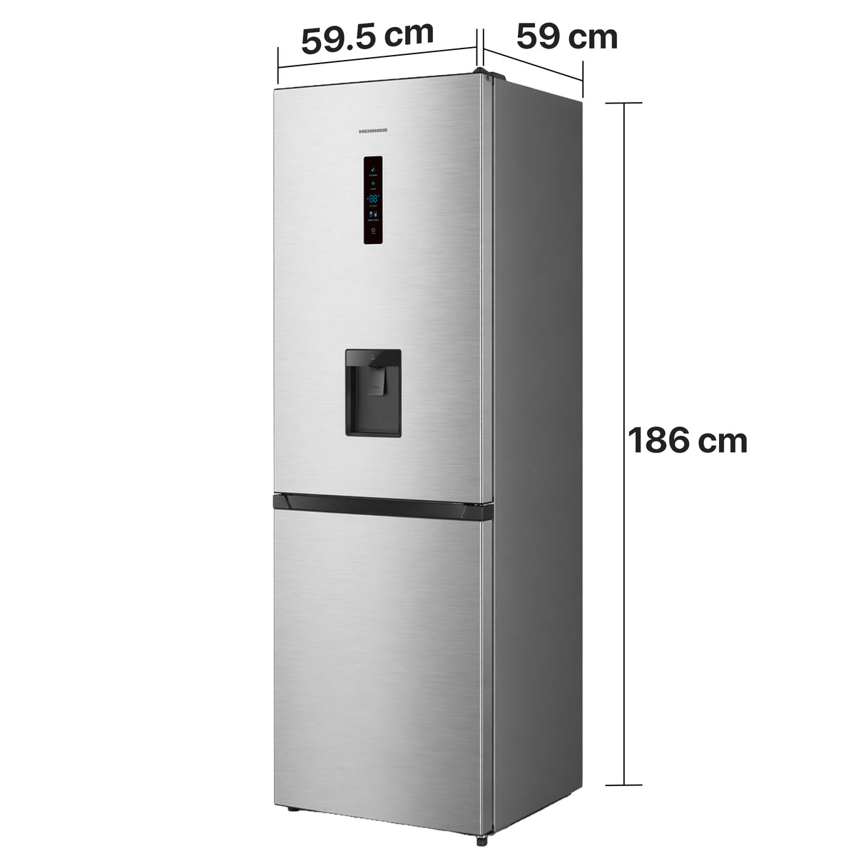 Heinner HCNF-HS304XWDE Kühl-Gefrierkombination – 304 L – Full No Frost – Wasserspender – Maßzeichnung
