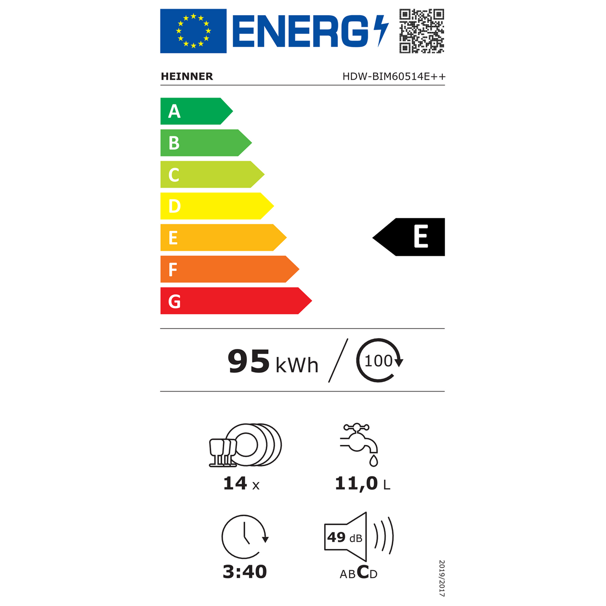 Heinner Einbaugeschirrspüler HDW-BIM60514E – 60 cm – 14 Maßgedecke – Energieeffizienzklasse E – AquaStop – Bild 2