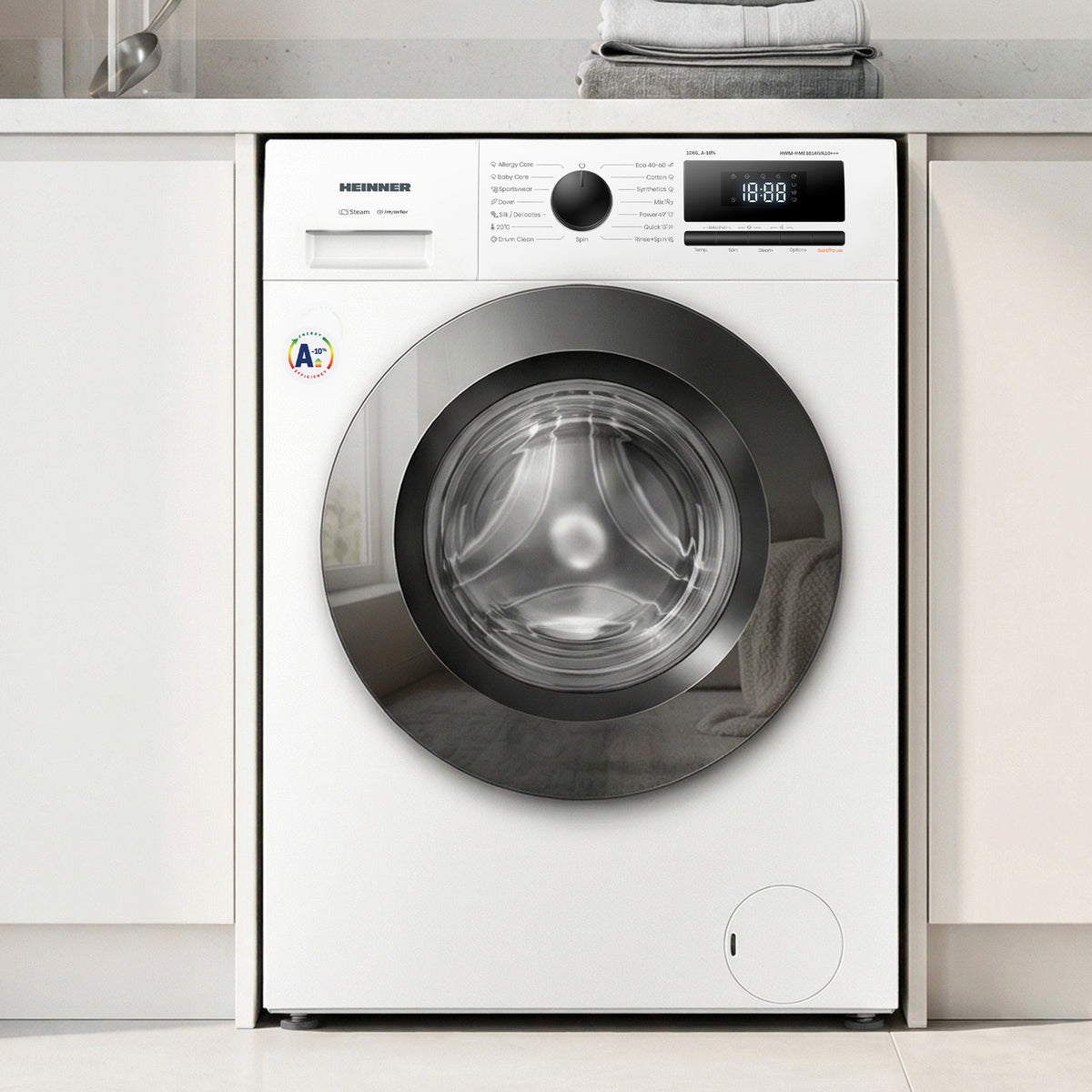 Heinner HWM-HME1014IVA10+++ Waschmaschine 10 kg – 1400 U/min – Inverter – A-10% – Allergy & Baby Steam – Weiß – Bild 6