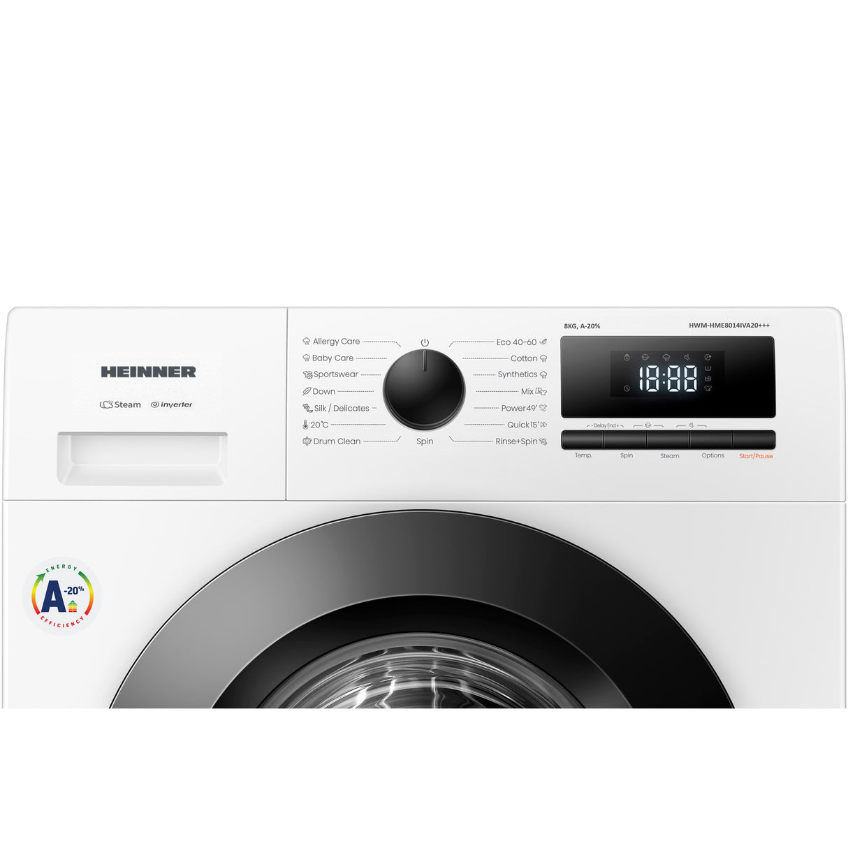 Heinner HWM-HME8014IVA20+++ Waschmaschine 8 kg – 1400 U/min – Inverter – A-20% – Allergy & Baby Steam – Weiß – Bild 4