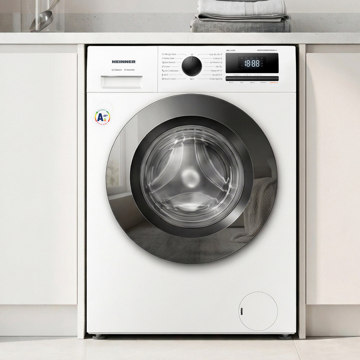 Heinner HWM-HME8014IVA20+++ Waschmaschine 8 kg – 1400 U/min – Inverter – A-20% – Allergy & Baby Steam – Weiß – Bild 6