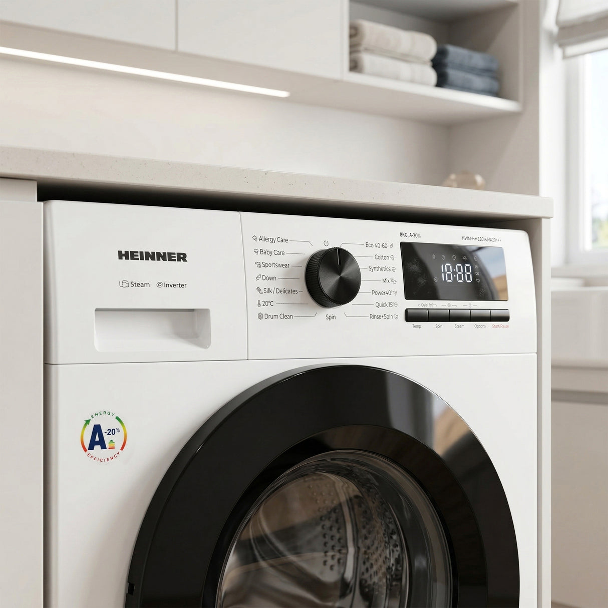 Heinner HWM-HME8014IVA20+++ Waschmaschine 8 kg – 1400 U/min – Inverter – A-20% – Allergy & Baby Steam – Weiß – Bild 8