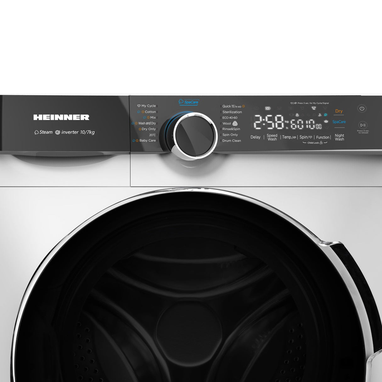 Heinner Waschtrockner HWDM-M1014IVKB – 10/7 kg – 1400 U/min – antibakteriell – Energieeffizienzklasse D – Bedienfeld