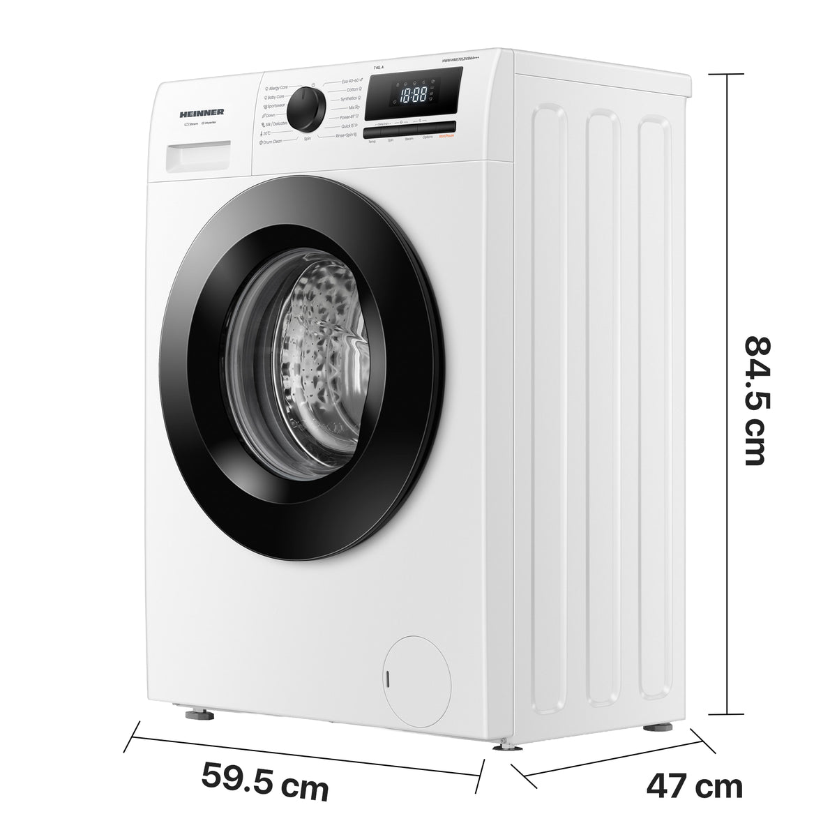 Heinner Waschmaschine HWM-HME7012IVSMA – 7 kg – 1200 U/min – Inverter Motor – Energieeffizienzklasse A – Maßzeichnung