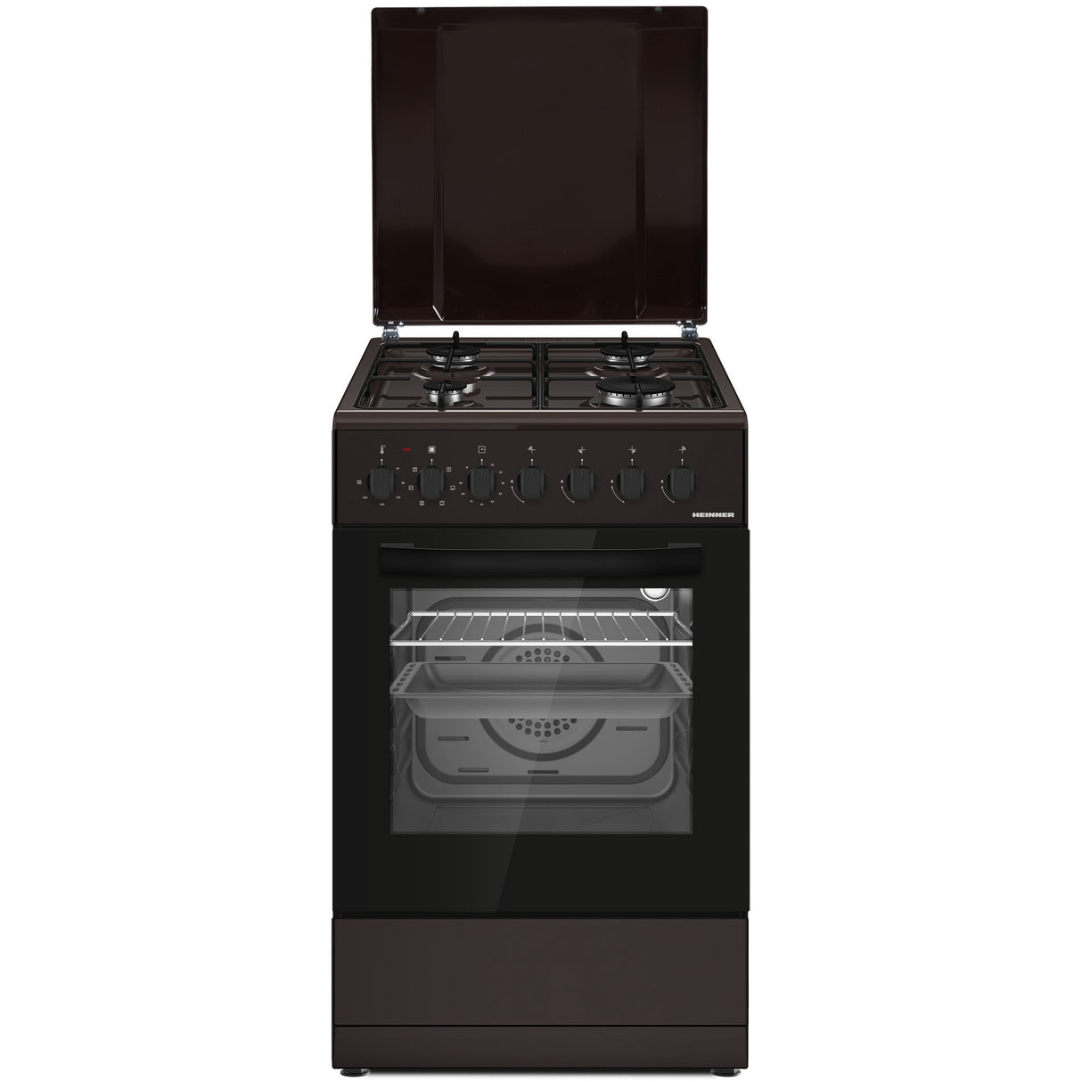 Heinner Gasherd HFSC-S60LITGC-BRW – 4 Brenner – Elektro-Backofen mit Grill – Produktfoto