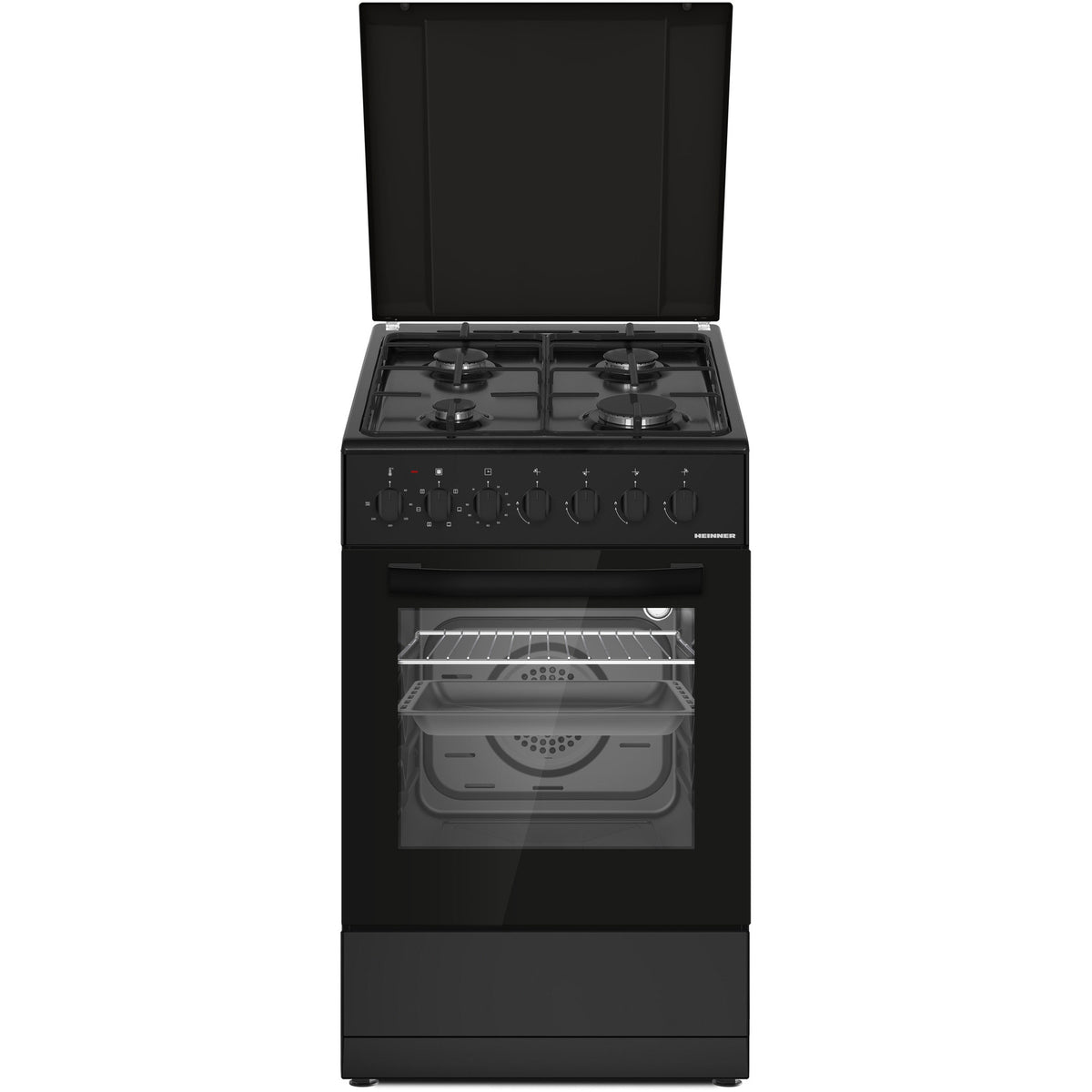 Heinner Gasherd HFSC-S60LITGC-BK – 4 Brenner – Elektro-Backofen mit Grill – Schwarz – Produktfoto