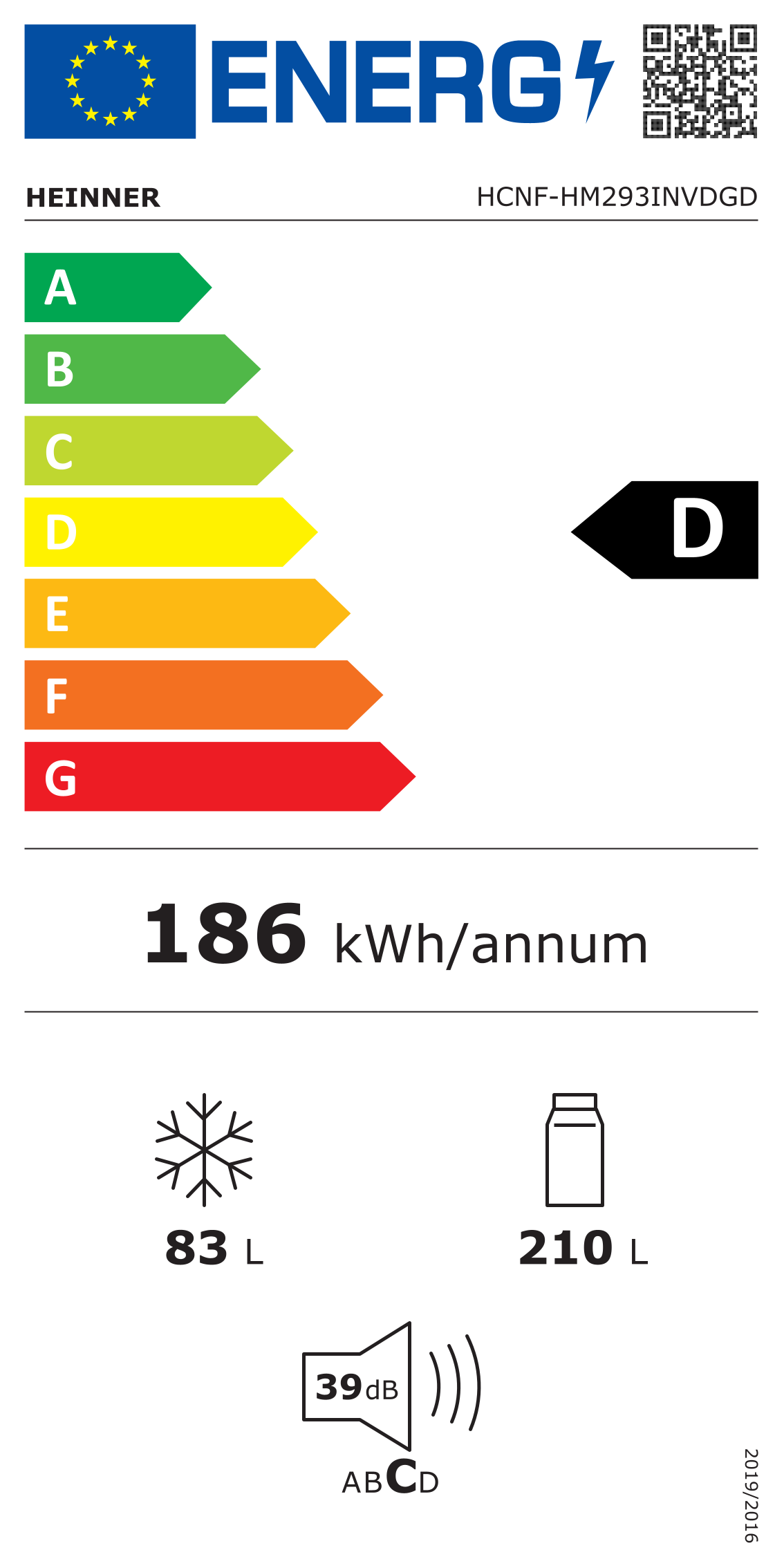Heinner HCNF-HM293INVDGD Kühl-Gefrierkombination – 293 Liter – No Frost – Inverter – Energieeffizienzklasse D – Energielabel