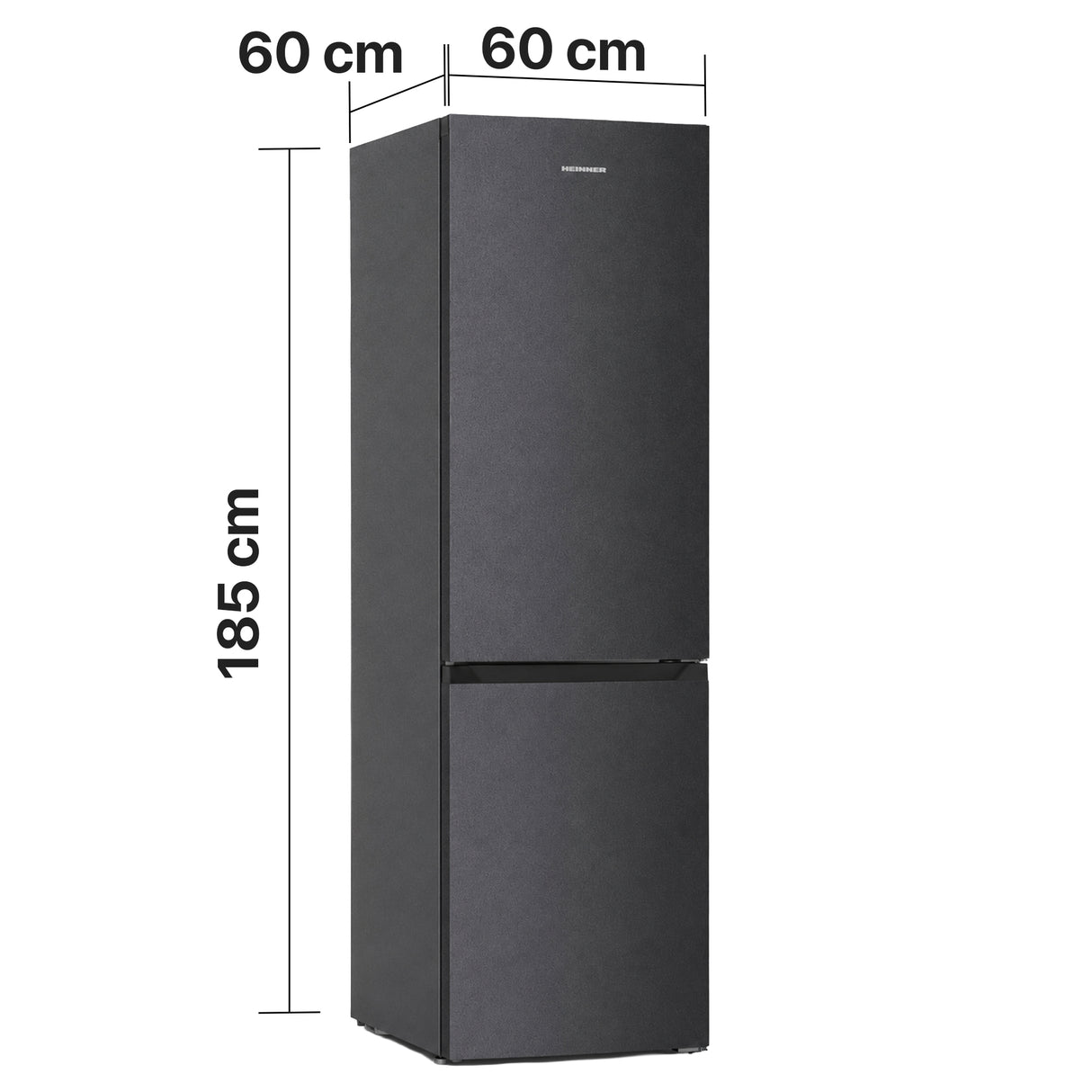 Heinner HCNF-HM293INVDGD Kühl-Gefrierkombination – 293 Liter – No Frost – Inverter – Energieeffizienzklasse D – Maßzeichnung
