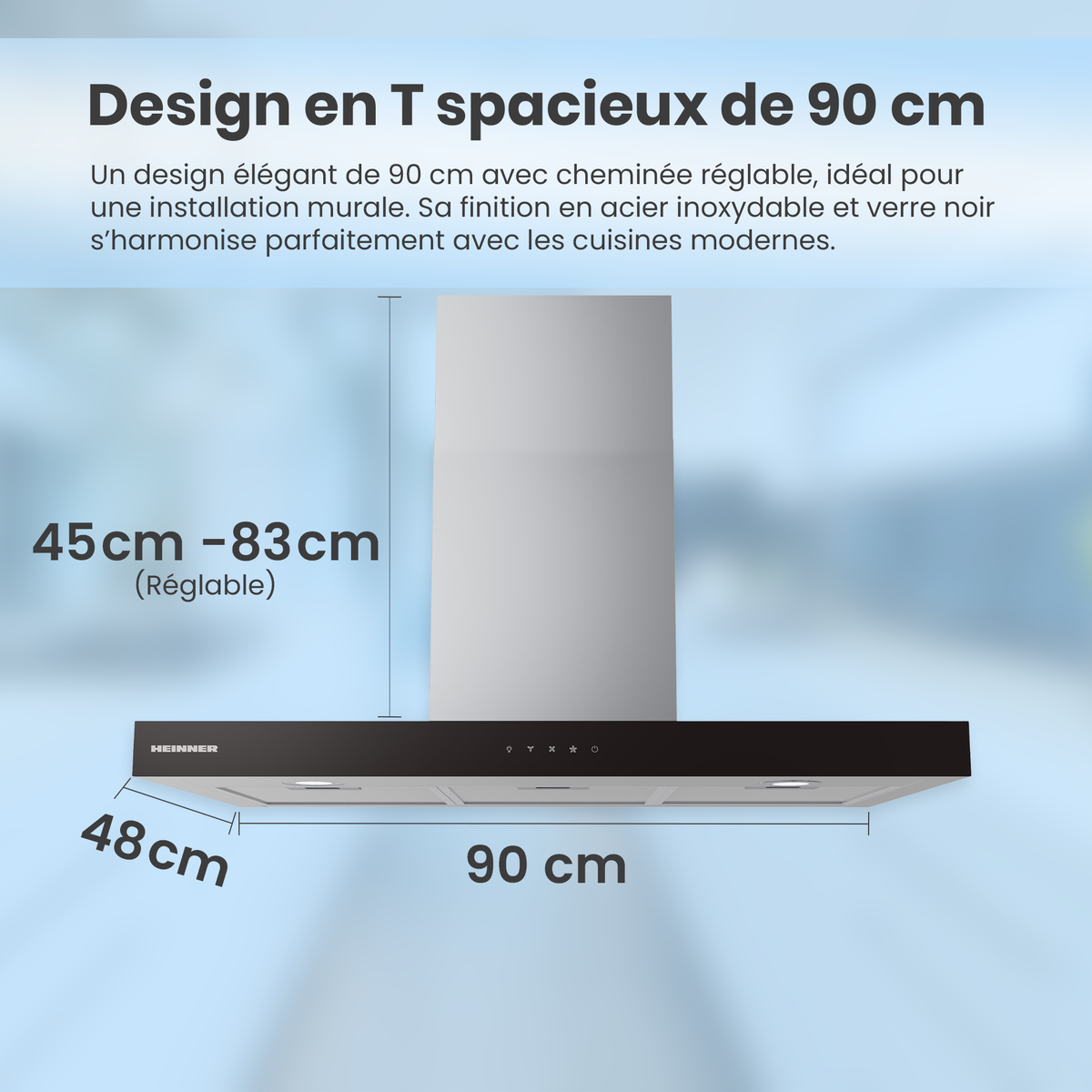 Heinner Dunstabzugshaube HDCH-MD90TIX – Wandesse – 90 cm – 4 Geschwindigkeitsstufen – Touch-Bedienung – Bild 5