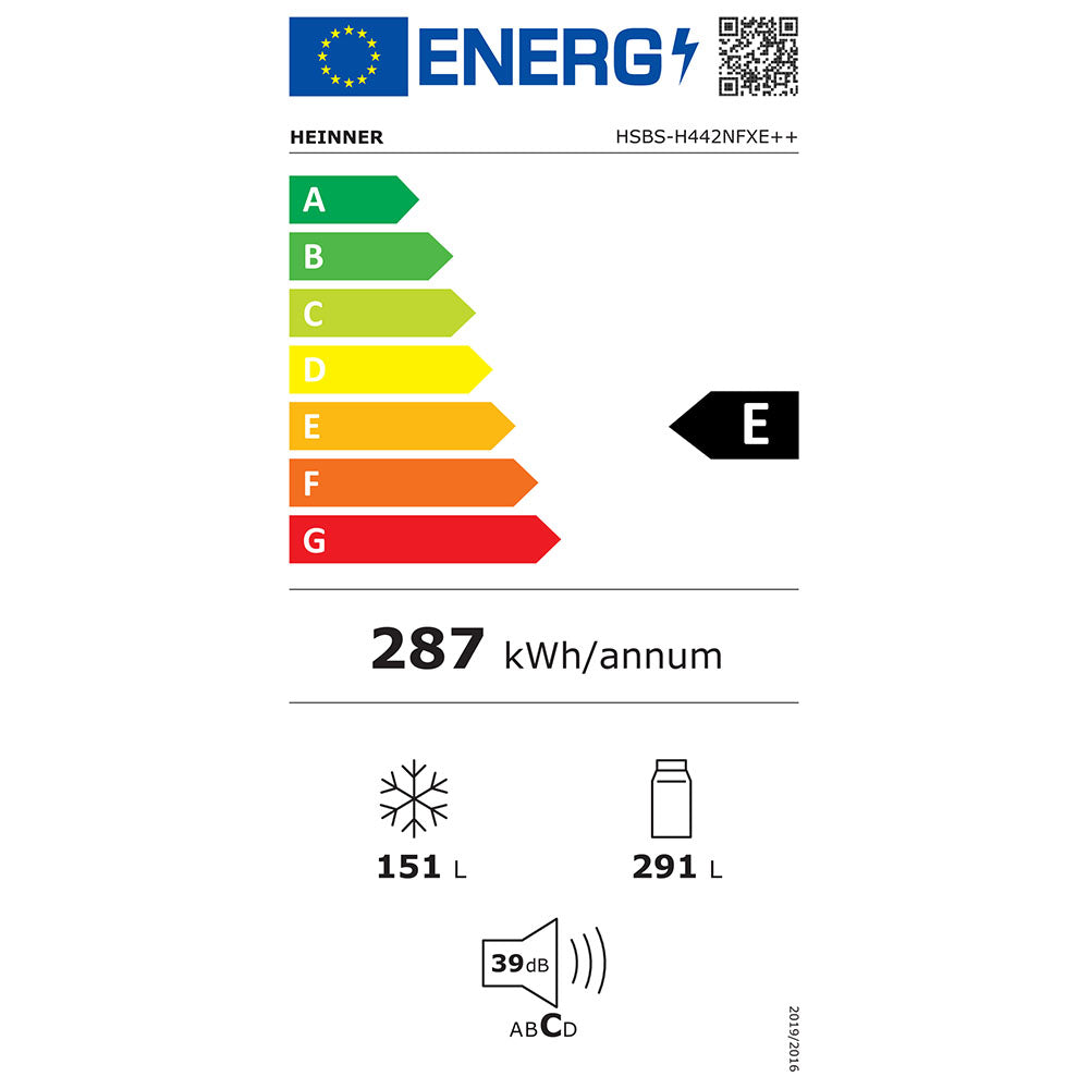 Heinner HSBS-H442NFXE++ Amerikanischer Kühlschrank 442L – Energielabel