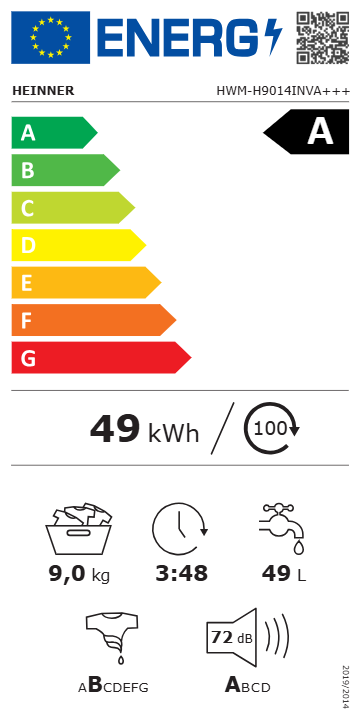 Waschmaschine Heinner HWM-H9014INVA – 9 kg – 1400 U/min – Energieeffizienzklasse A – Energielabel
