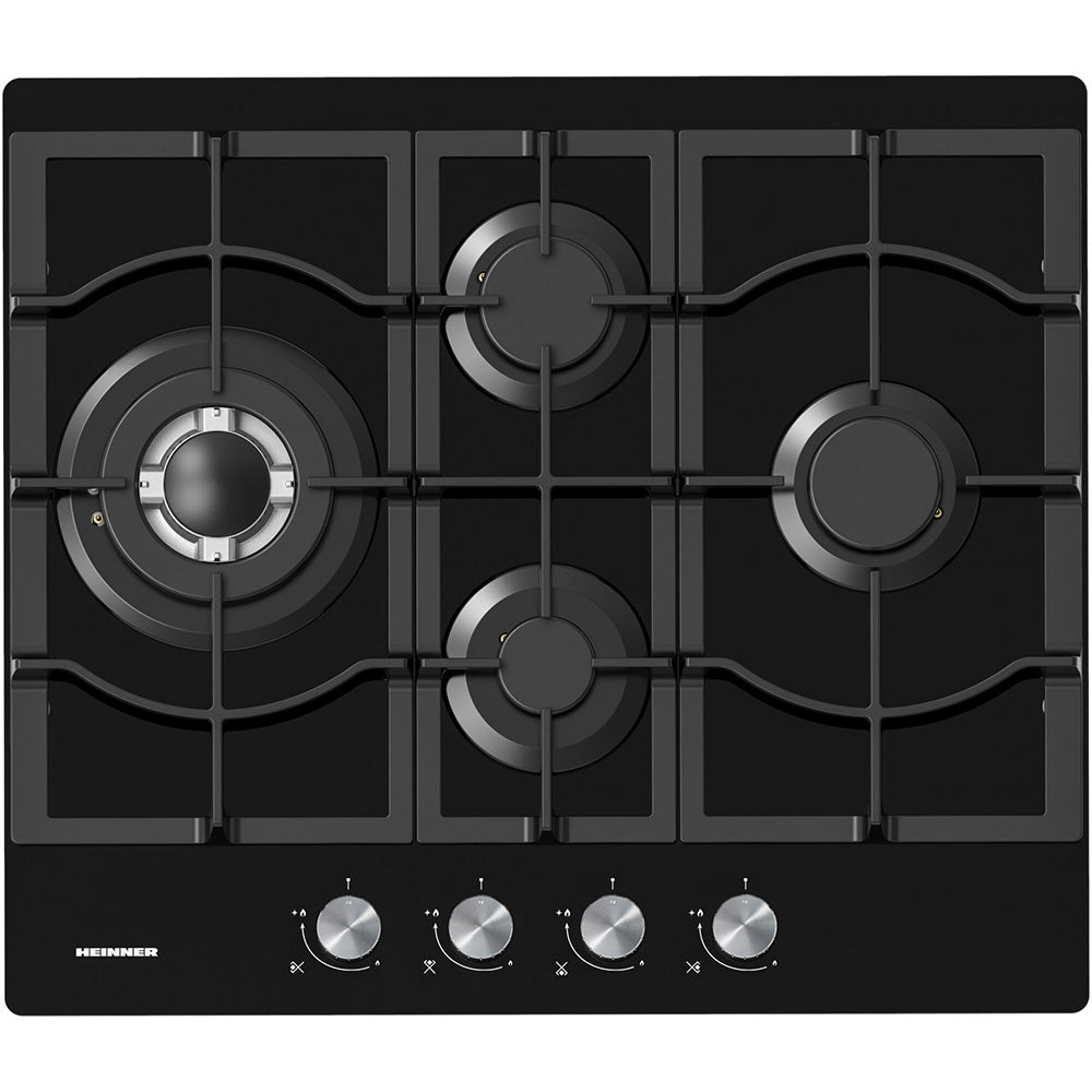 Heinner HBH-M452IWFGBK Einbau-Gaskochfeld – 4 Brenner – Wokbrenner – Gusseisenroste – Schwarz – Produktfoto