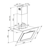 Heinner DCH-650RGBK Dunstabzugshaube schräg – 60 cm – 3 Geschwindigkeiten – schwarz – Maßzeichnung