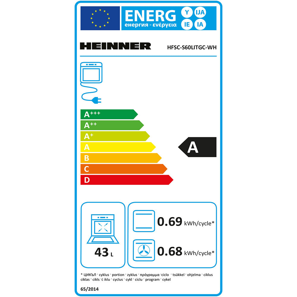 Heinner Gasherd HFSC-S60LITGC-WH – 60 cm – 4 Zonen – Backofen mit 7 Funktionen – Grill – Weiß – Energielabel