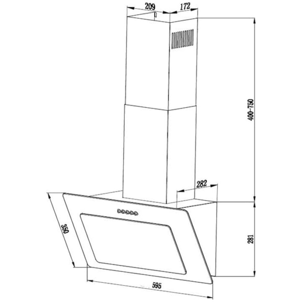 Heinner Dunstabzugshaube HDCH-F3560RGBK – 60 cm – 3 Geschwindigkeiten – Umluft – schwarz – Maßzeichnung
